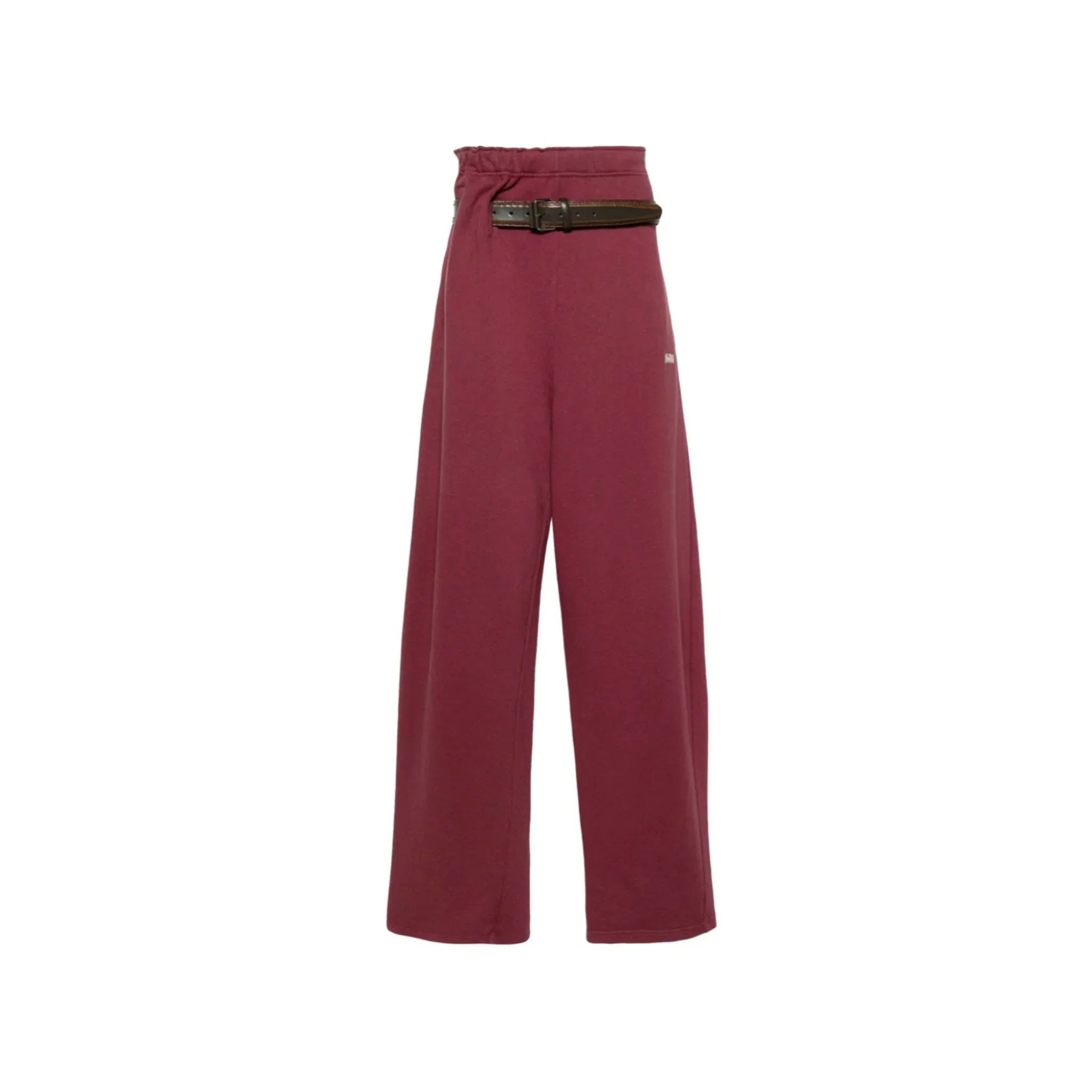Burgundy wide-leg track pants with a black belt on a white background