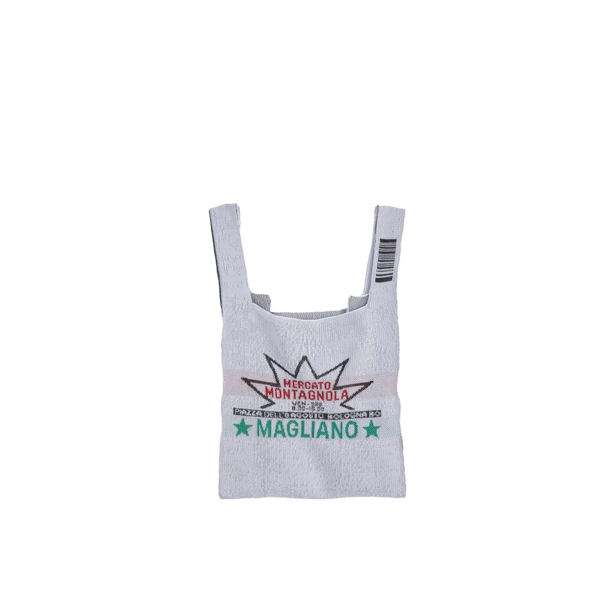 white tote bag with Mercato Montagnola and Magliano text, star graphics, and barcode detail