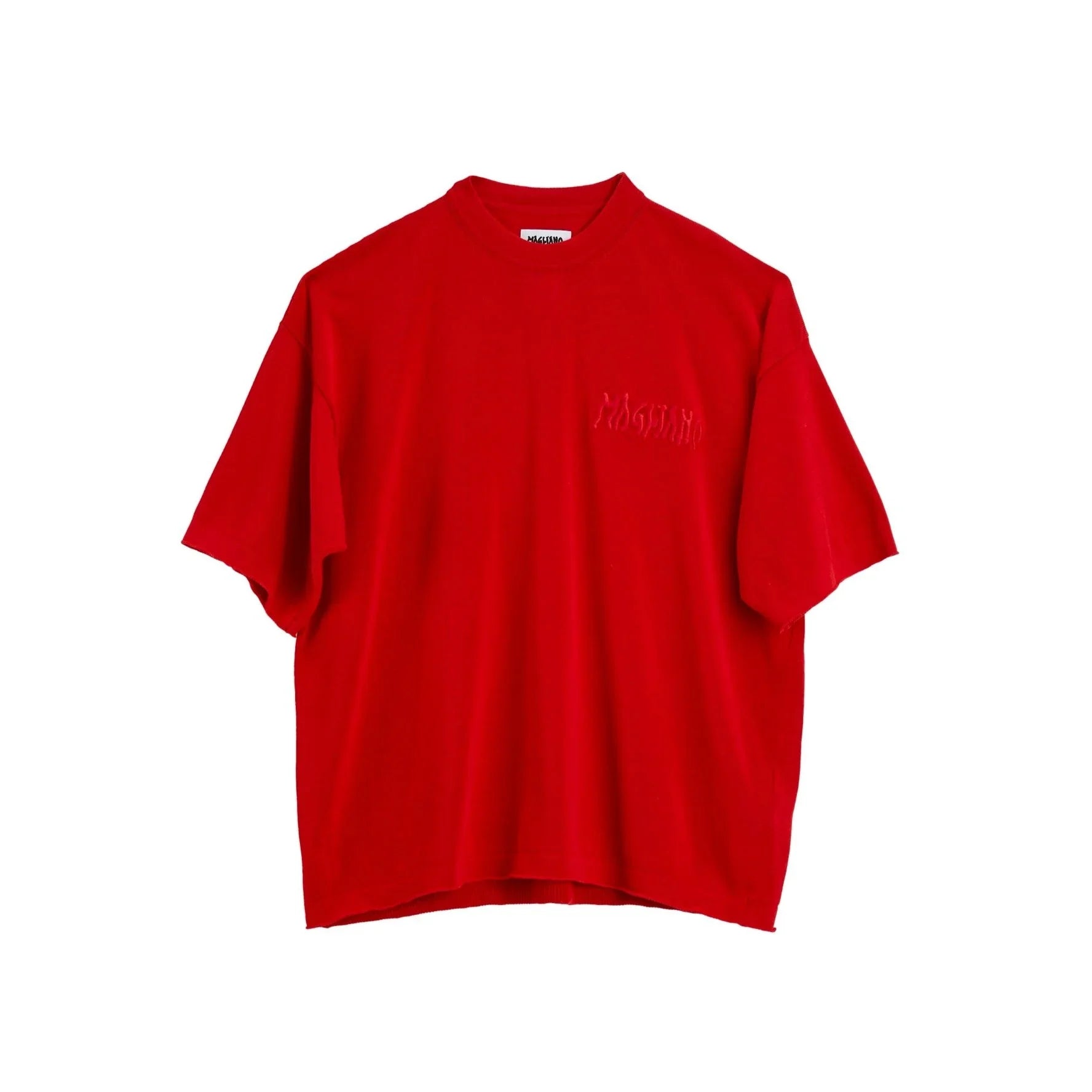 Red short-sleeve knitted tee with subtle Magliano embroidered logo on chest