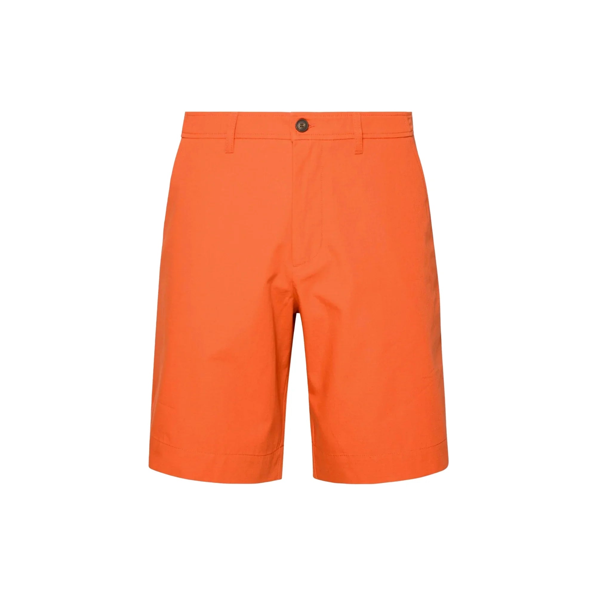 Bright orange men's tailored shorts with button closure and belt loops on white background