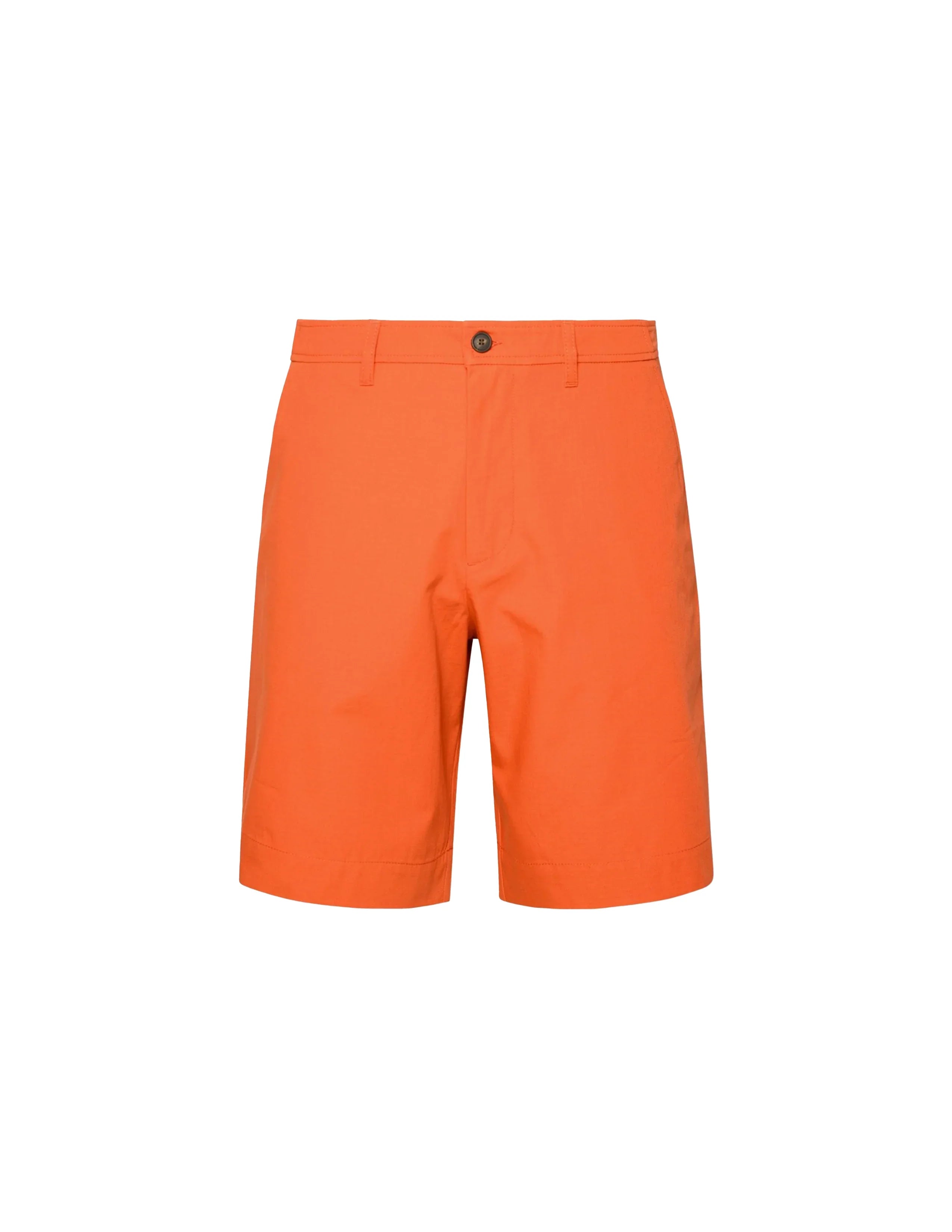 Men's bright orange tailored shorts with button closure and belt loops on white background