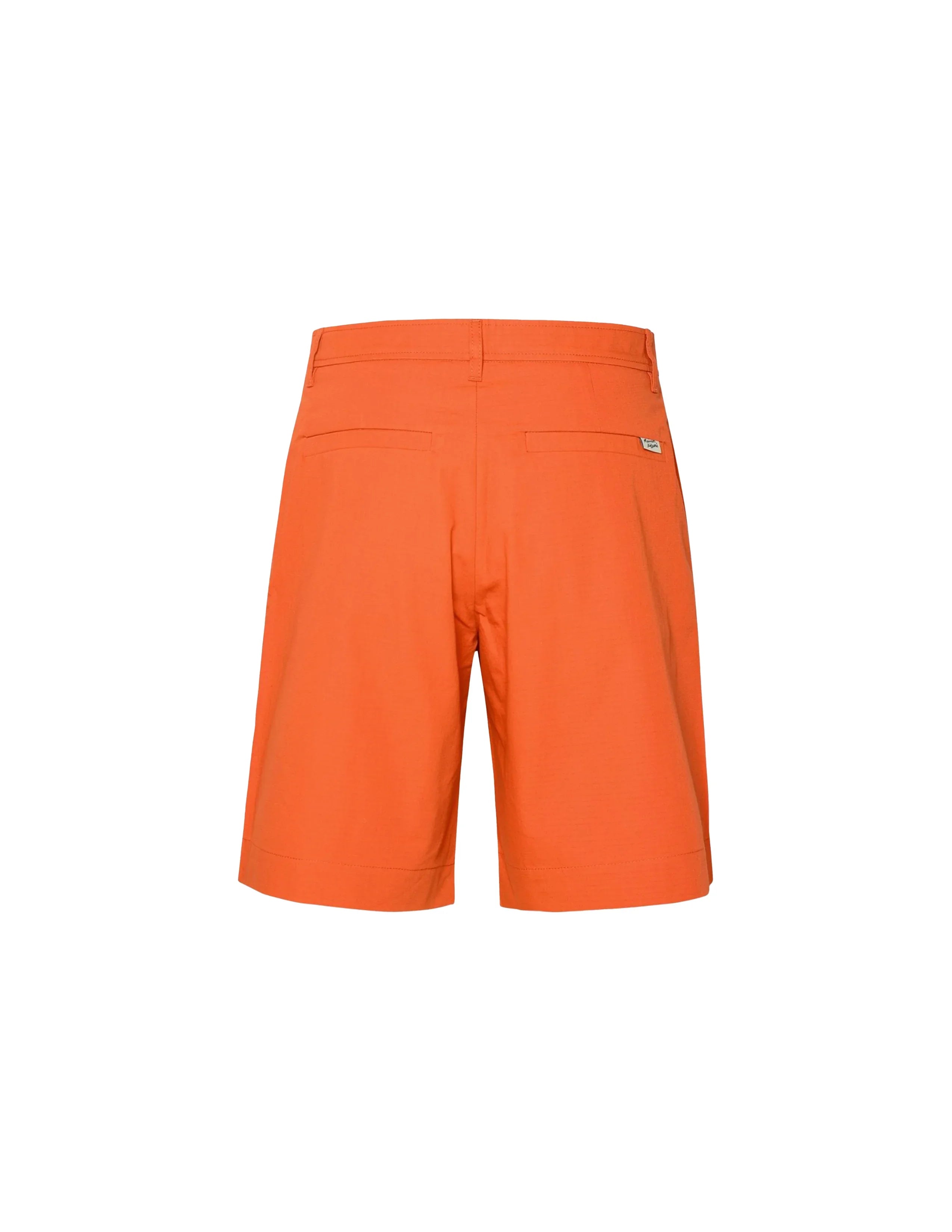 Back view of bright orange men's casual shorts with belt loops and two rear welt pockets
