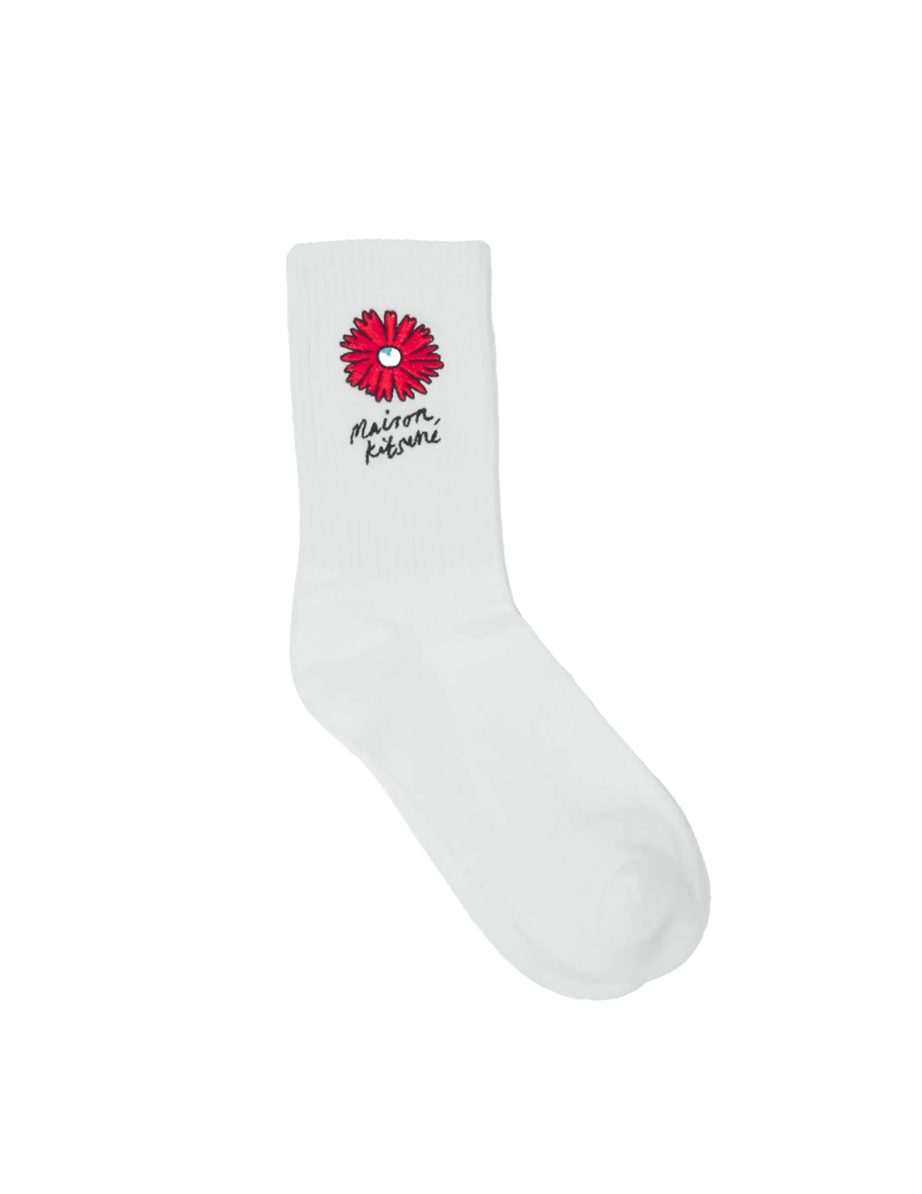White sport sock with red daisy flower and black Maison Kitsuné logo embroidery