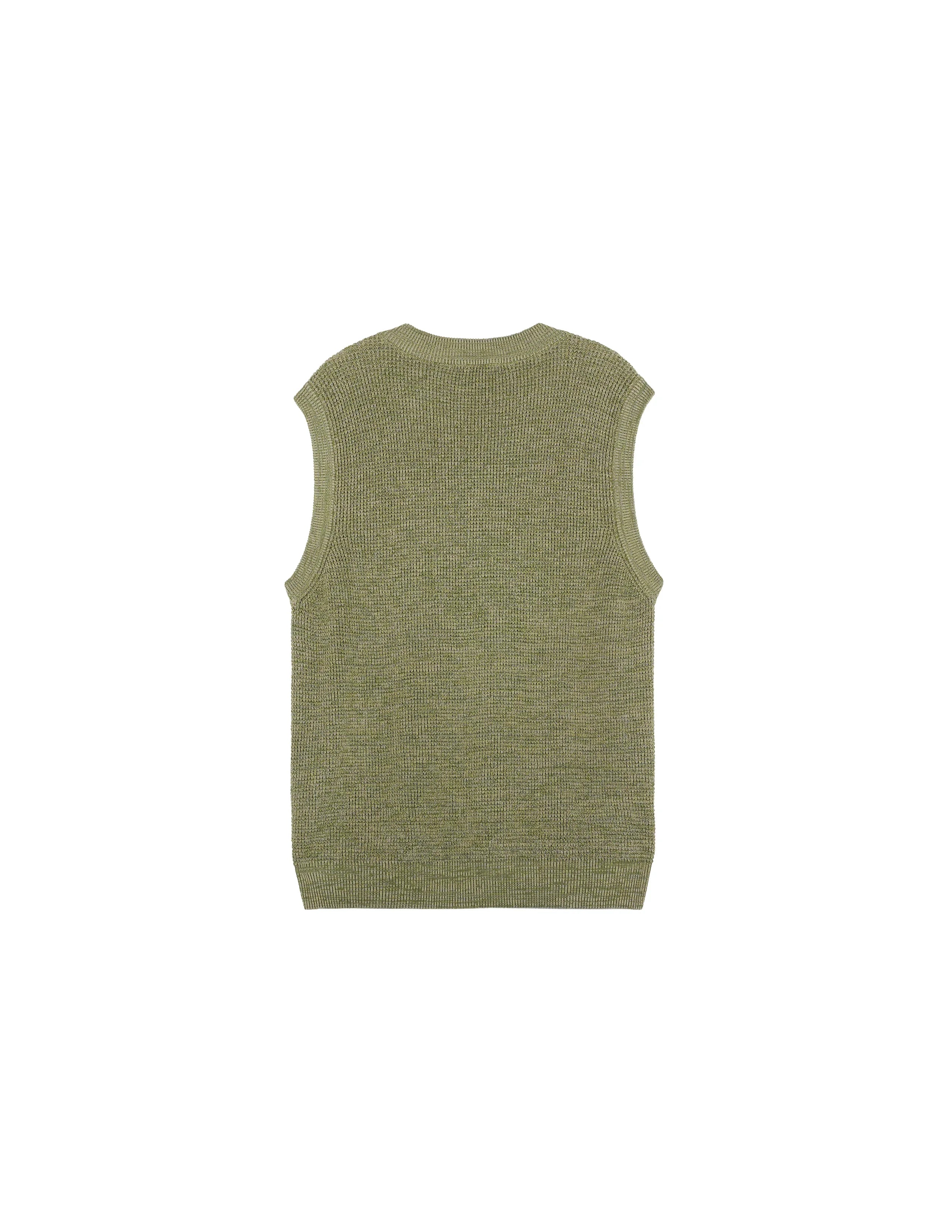 olive green knitted oversized sleeveless vest with ribbed neckline and hem