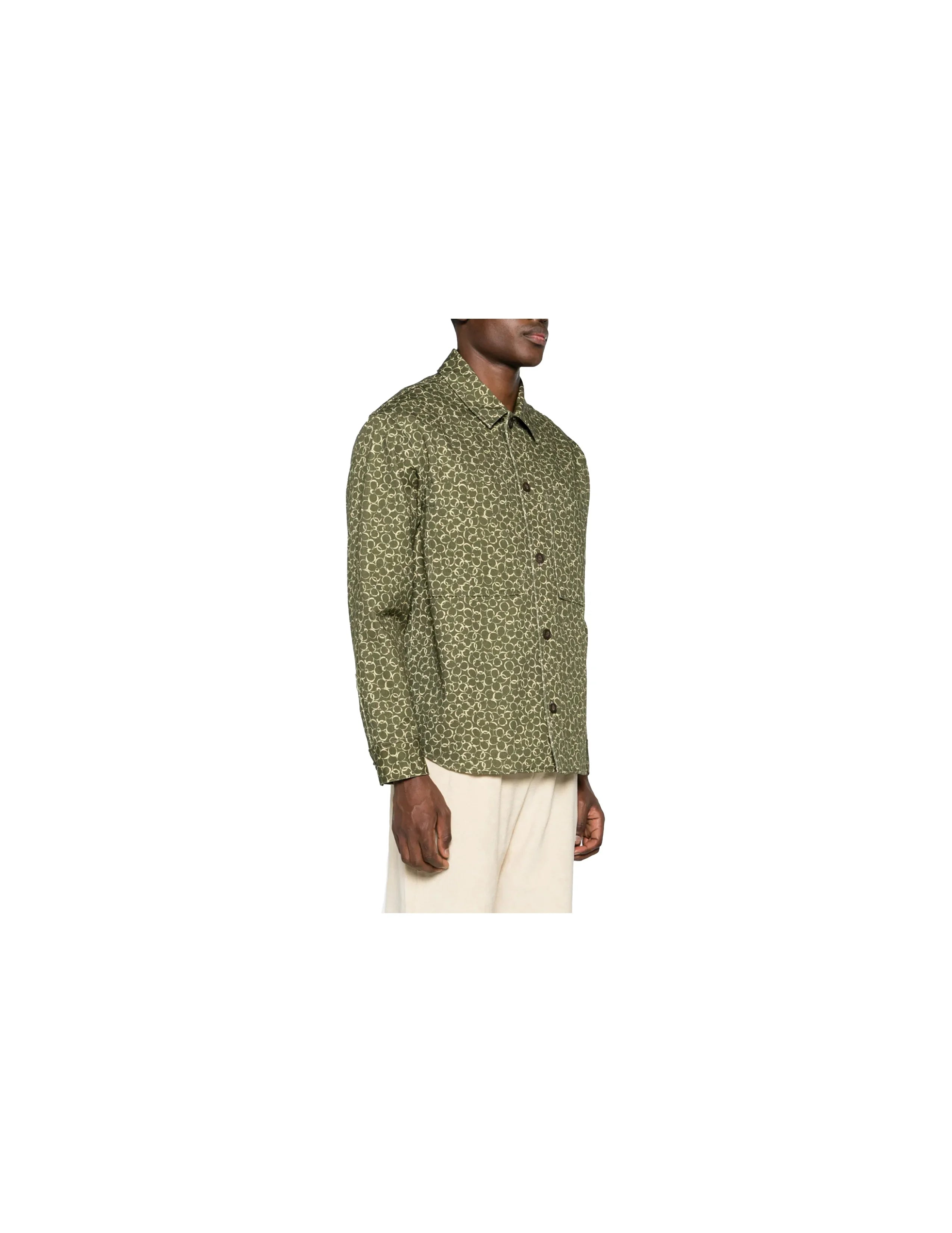 Men's olive green button-up shirt with white circular pattern, worn with beige pants