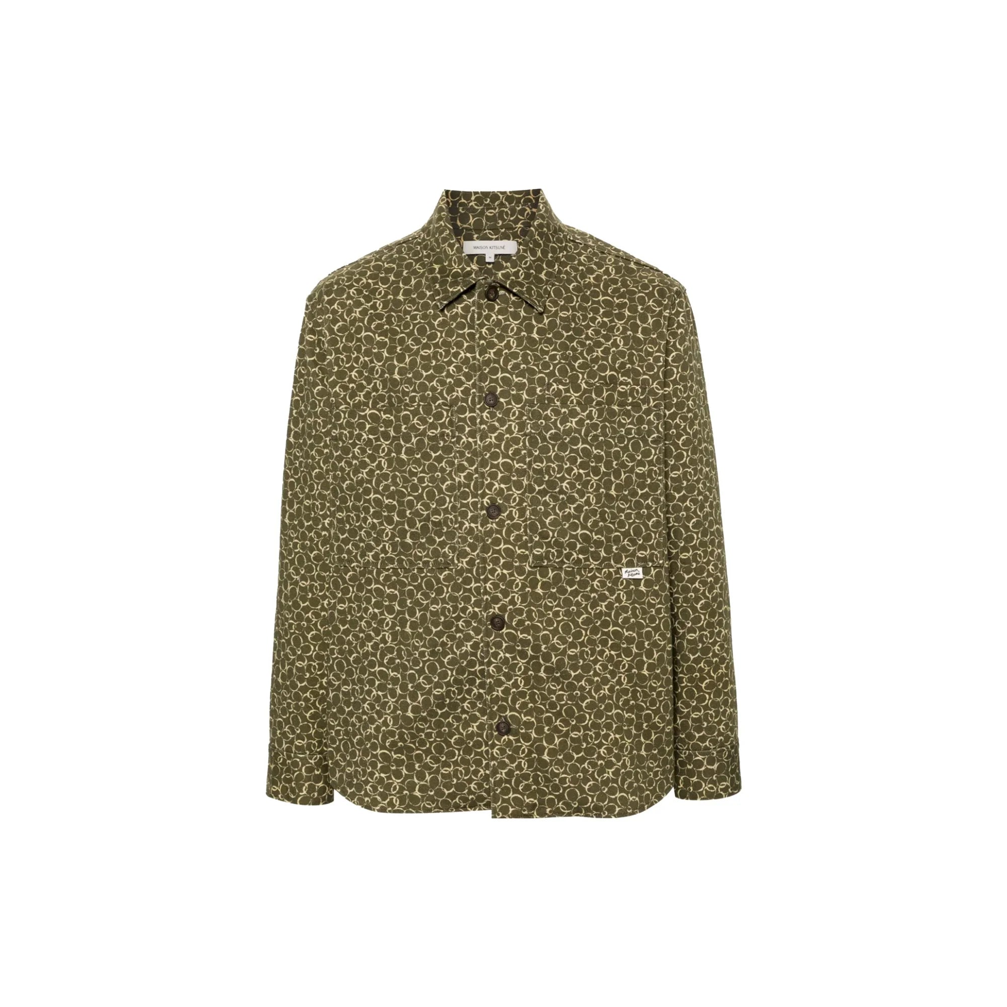 Olive green Maison Kitsuné overshirt with beige abstract circle pattern and button front