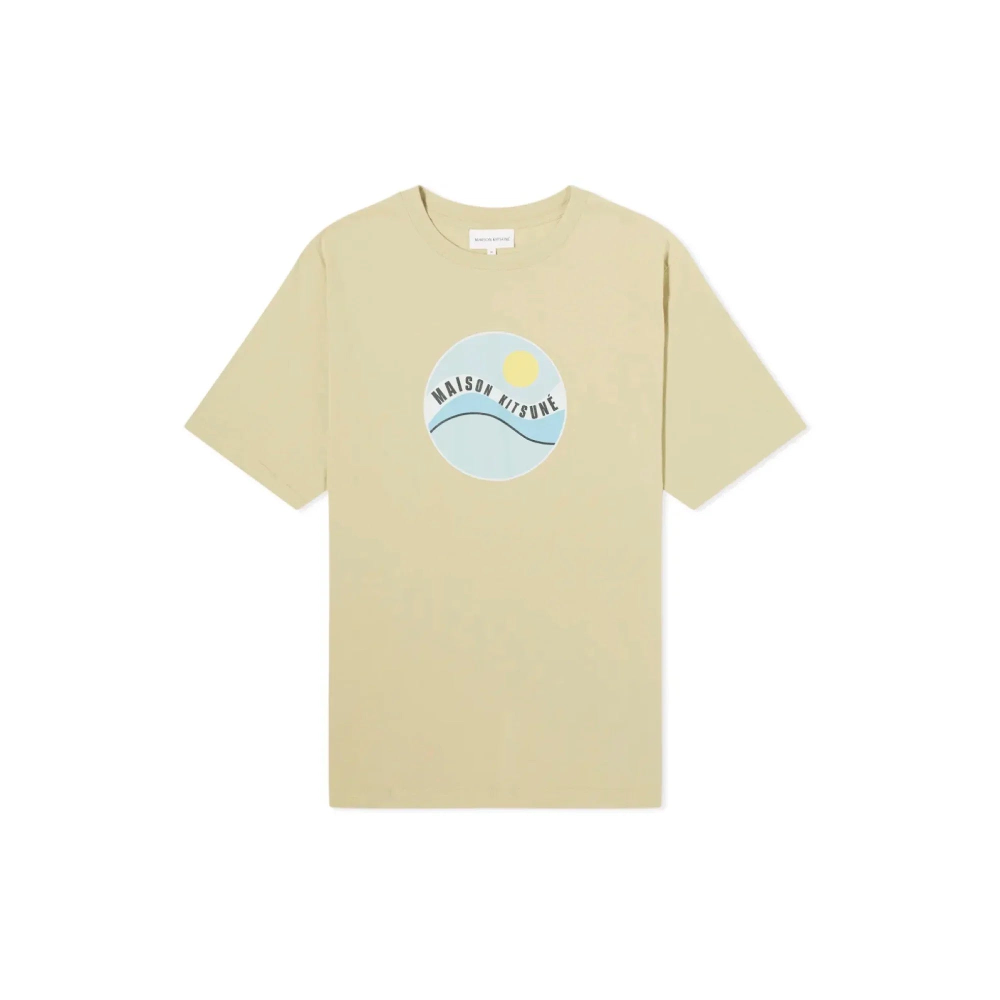 Beige Maison Kitsuné T-shirt with a blue circular wave and sun graphic logo on front
