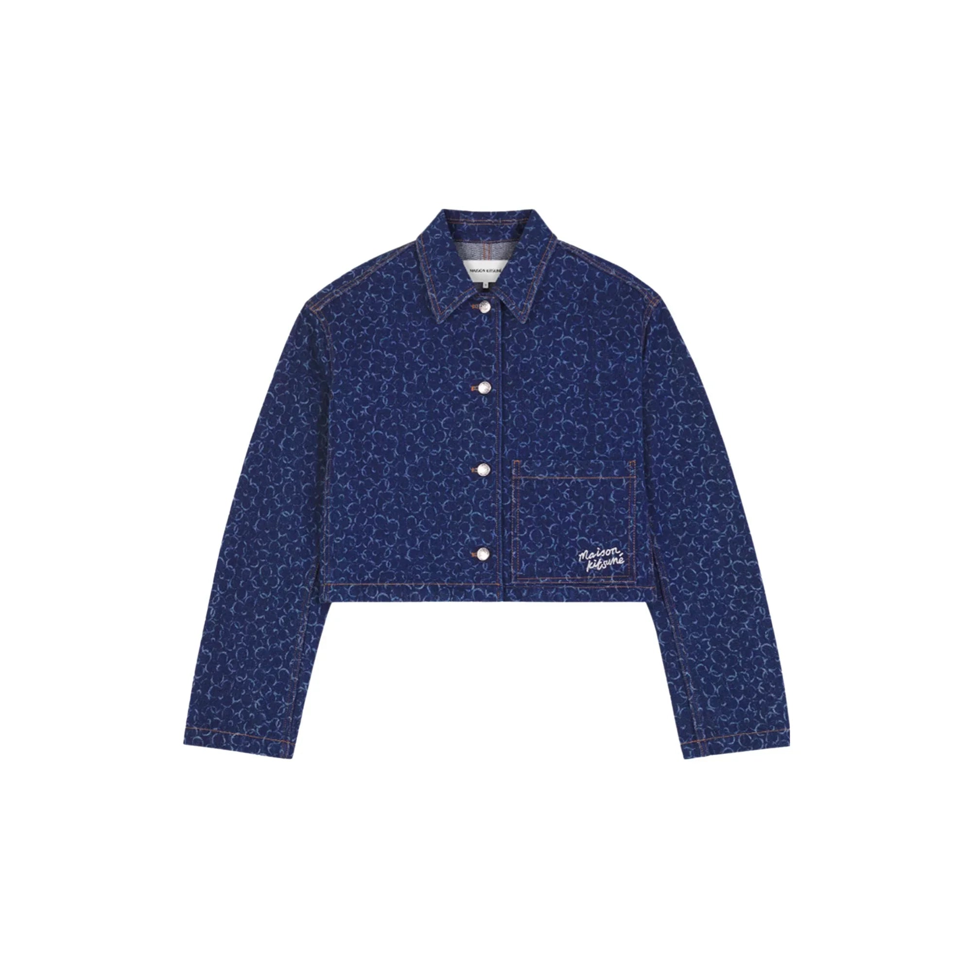 Cropped blue denim jacket with subtle Maison Kitsuné pattern and front pocket embroidery