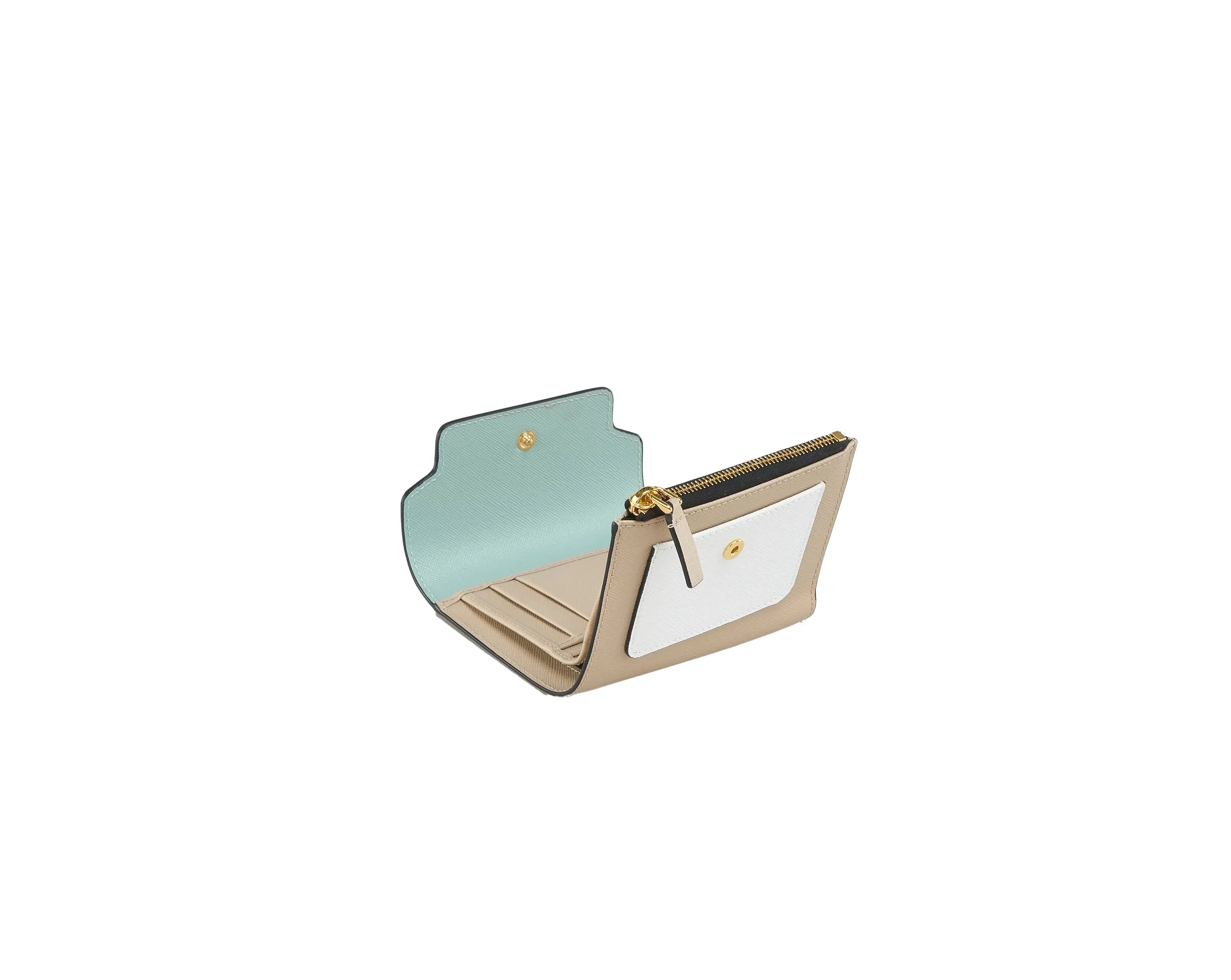 Open beige leather flap wallet with white pocket, card slots, and blue interior lining