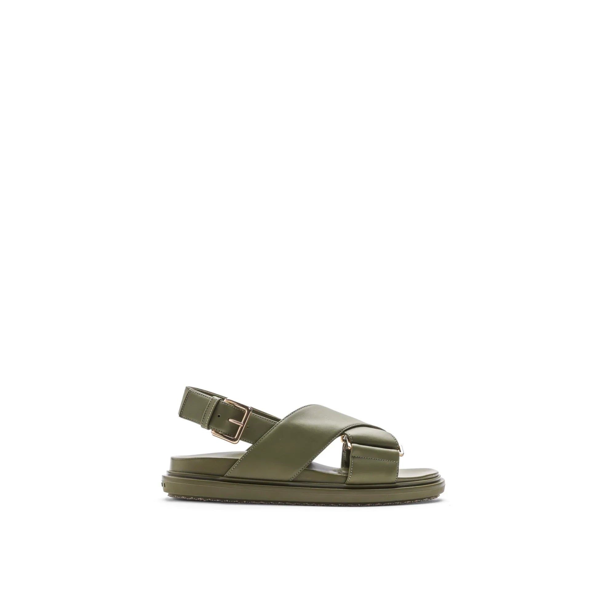 Olive green sandal with crisscross padded straps and adjustable buckle against white background