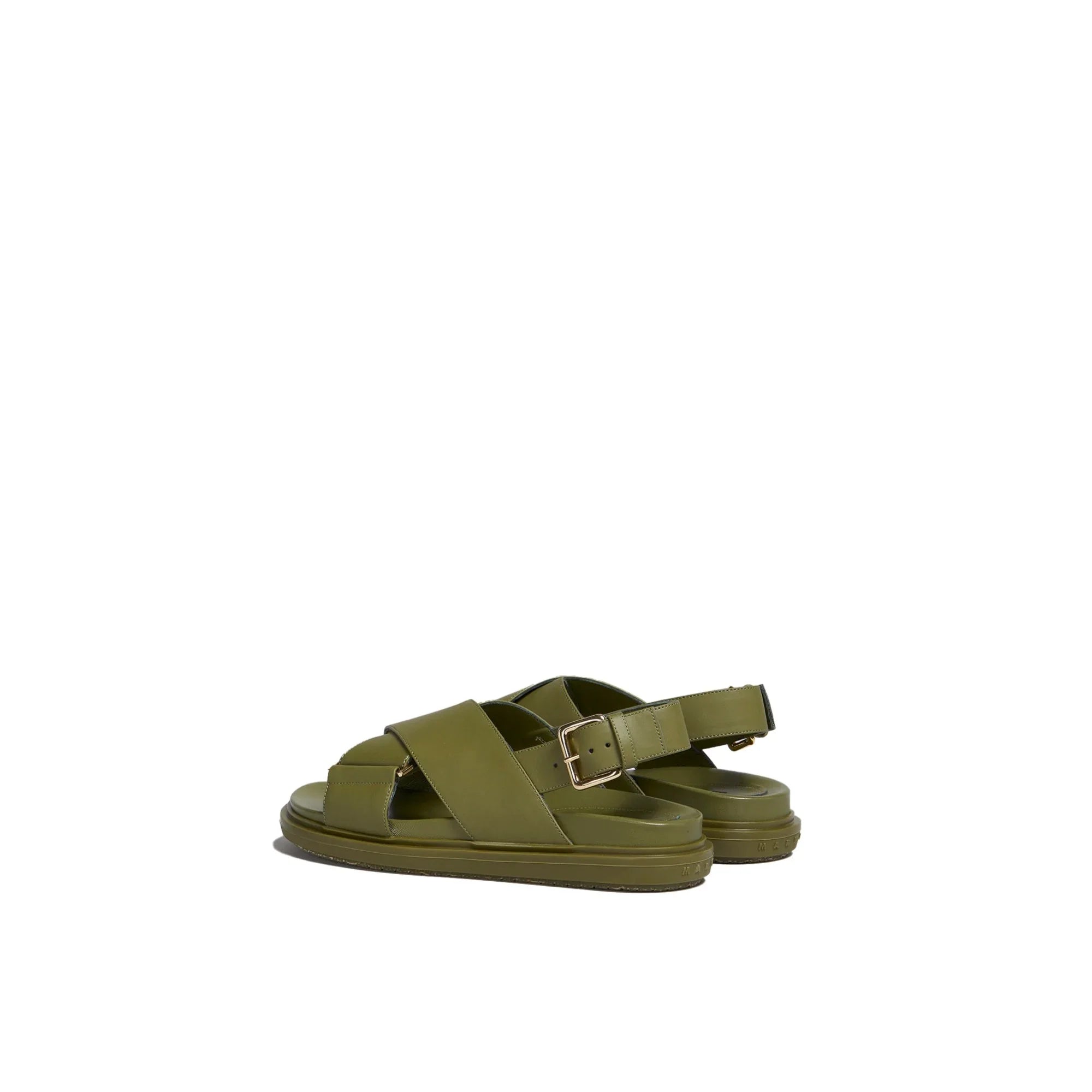 Pair of olive green crisscross strap sandals with adjustable buckle on white background