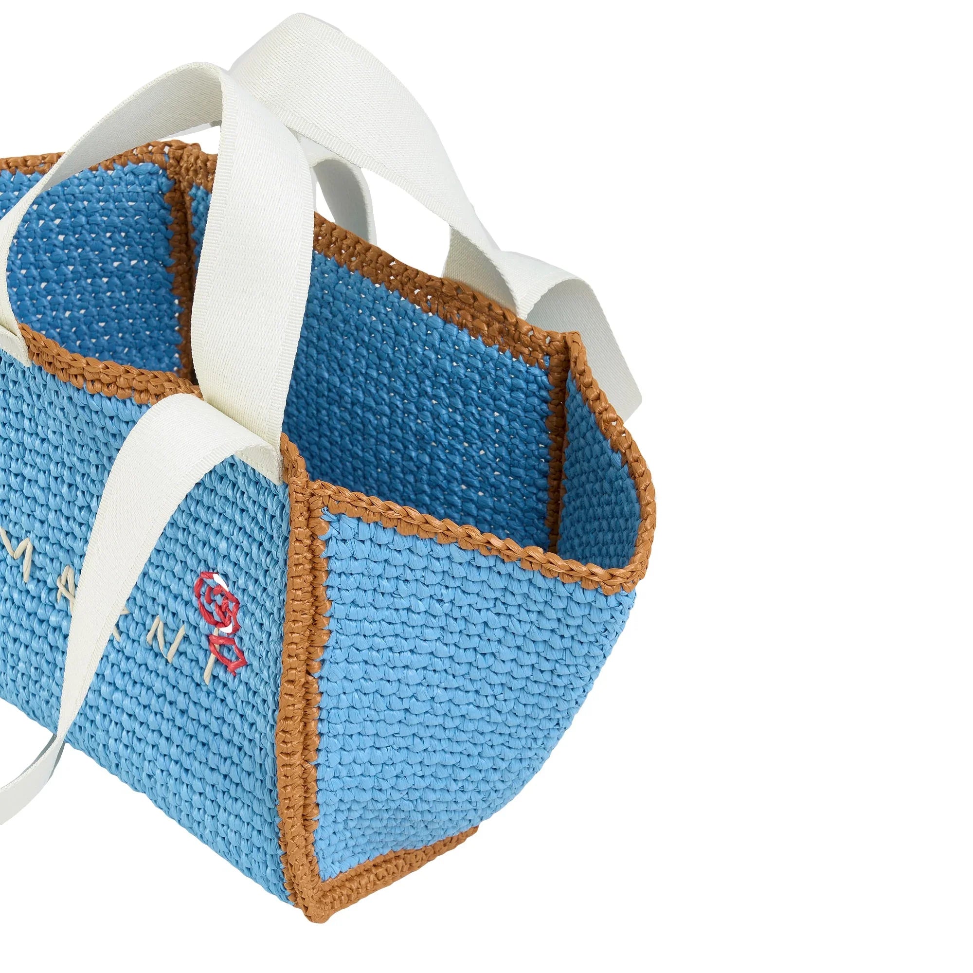 Blue woven Marni shopping tote bag with brown trim and white fabric handles