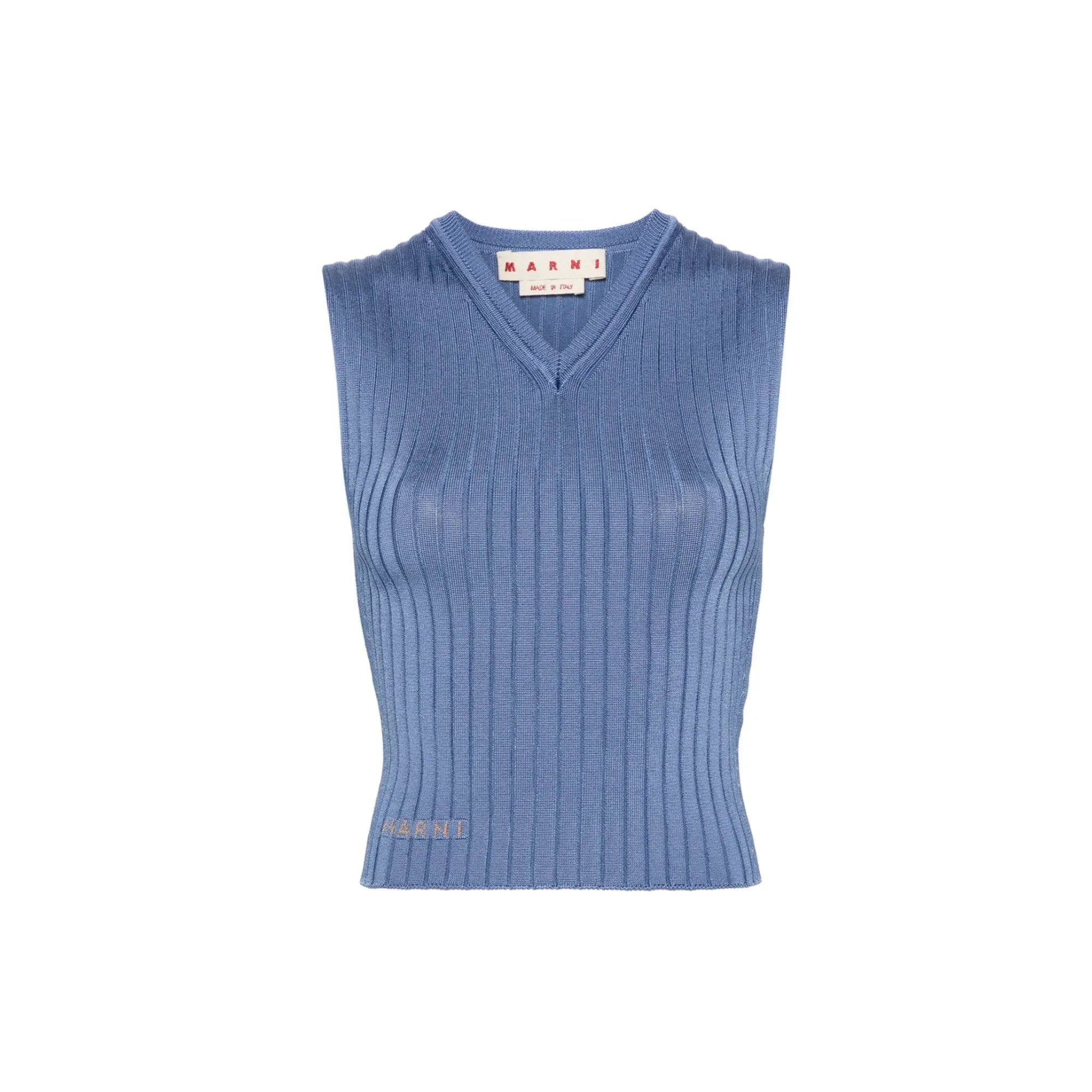 Blue ribbed sleeveless knit top with V-neck by Marni, made in Italy