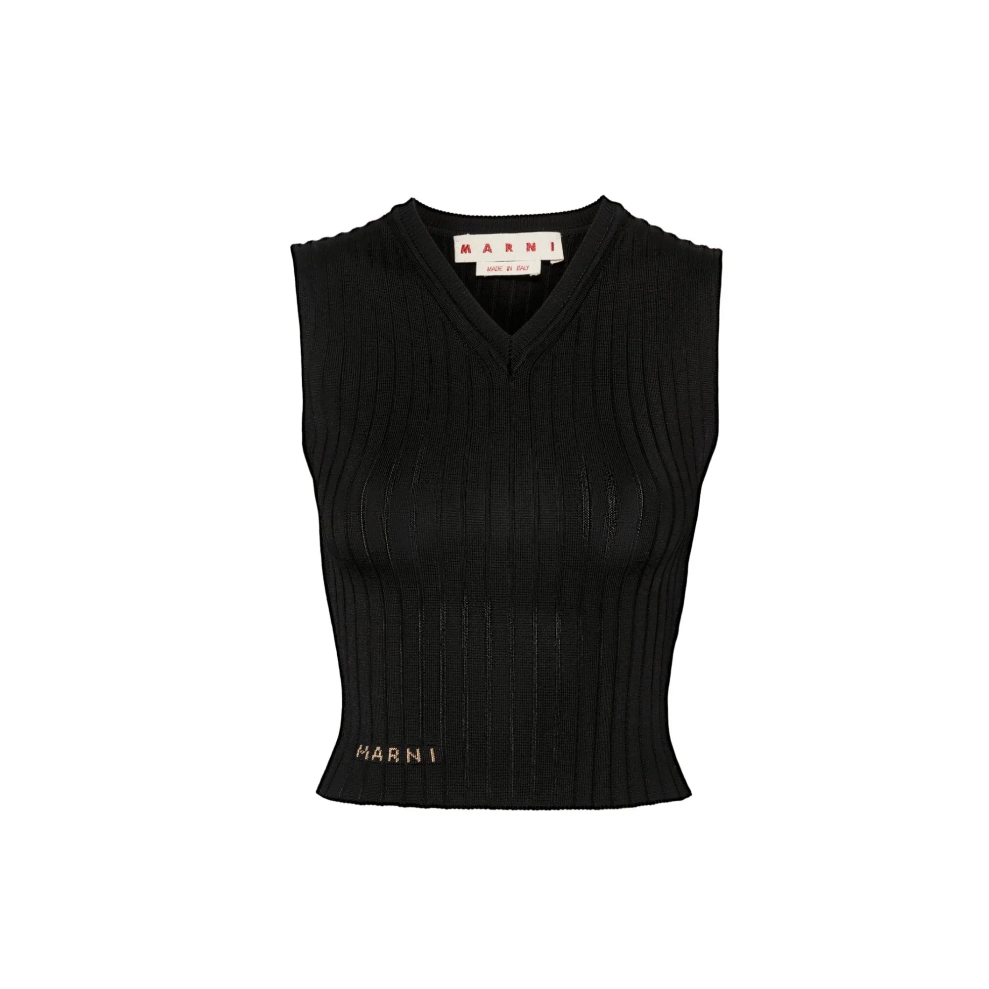 Black ribbed sleeveless Marni V-neck knit top with logo detail