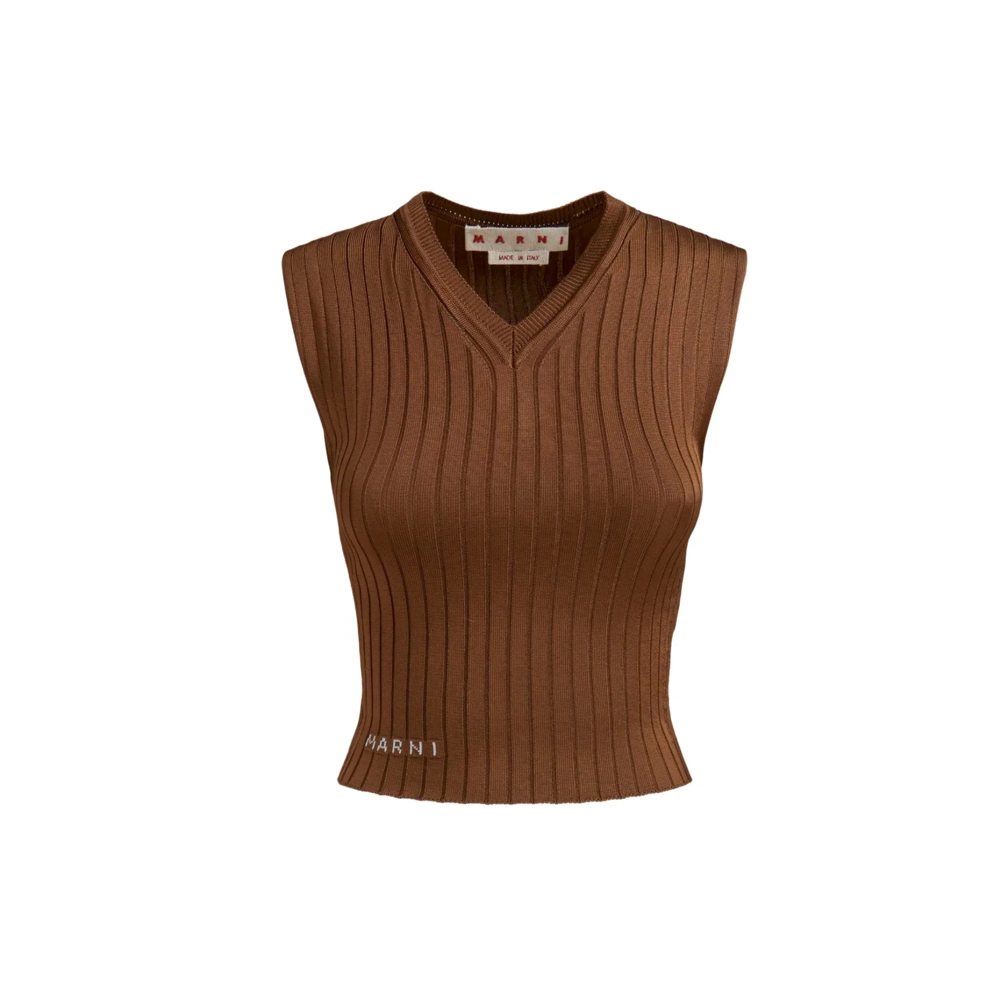 Brown ribbed sleeveless knit top with V-neck and Marni logo embroidery at hem