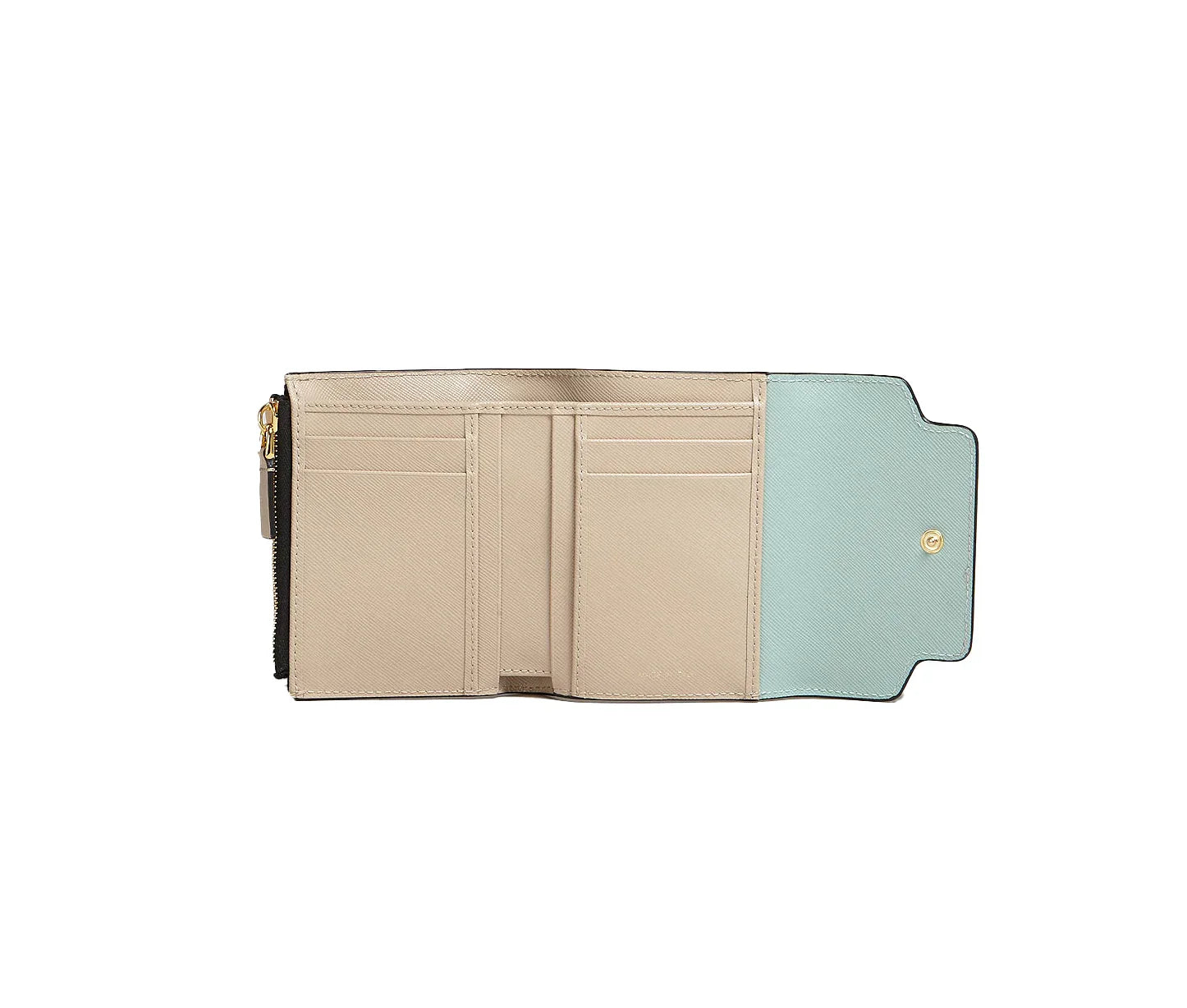 Open beige and blue leather fold wallet with multiple card slots and gold snap closure