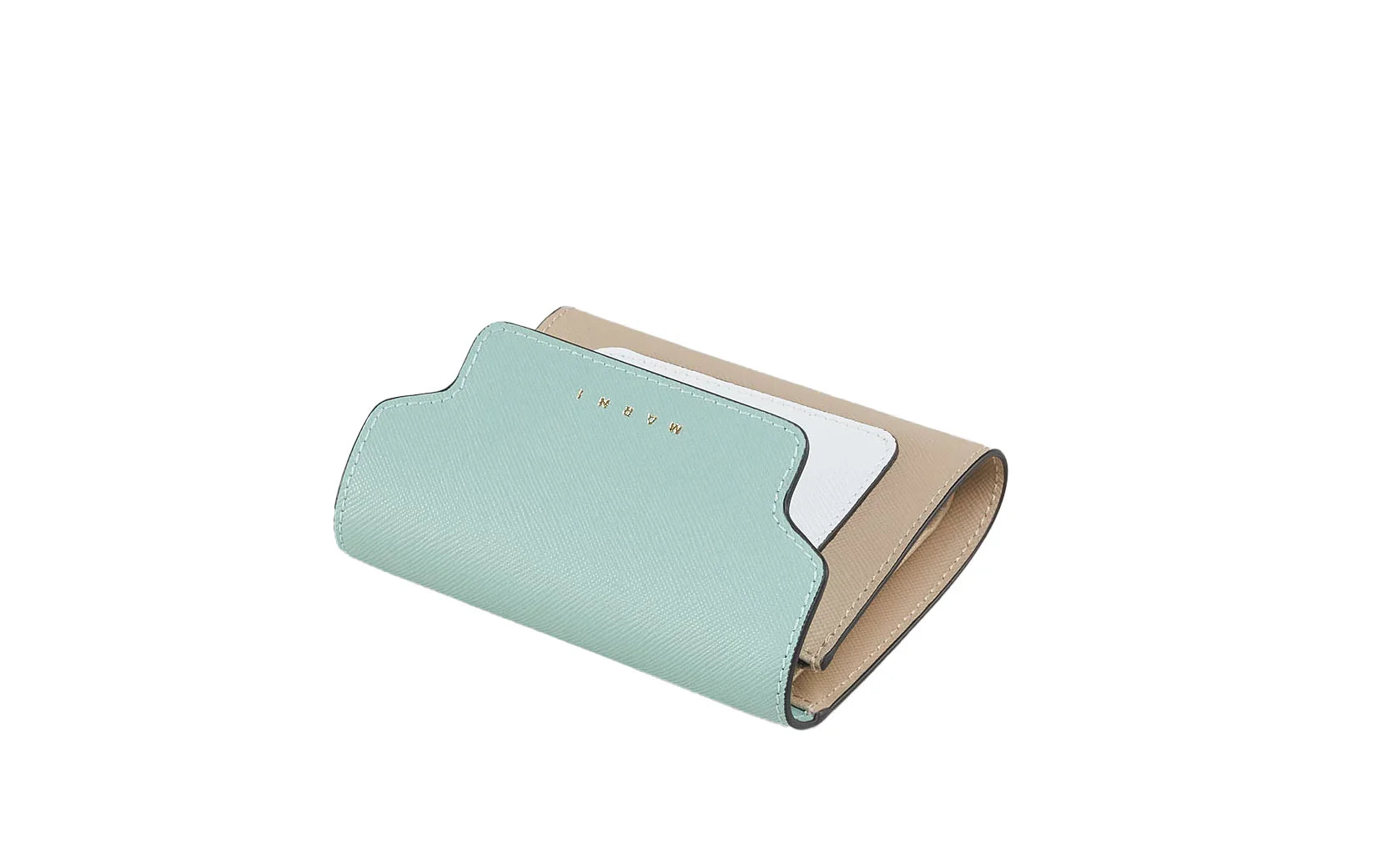 Marni flap squared wallet in beige, white, and mint green leather with gold logo