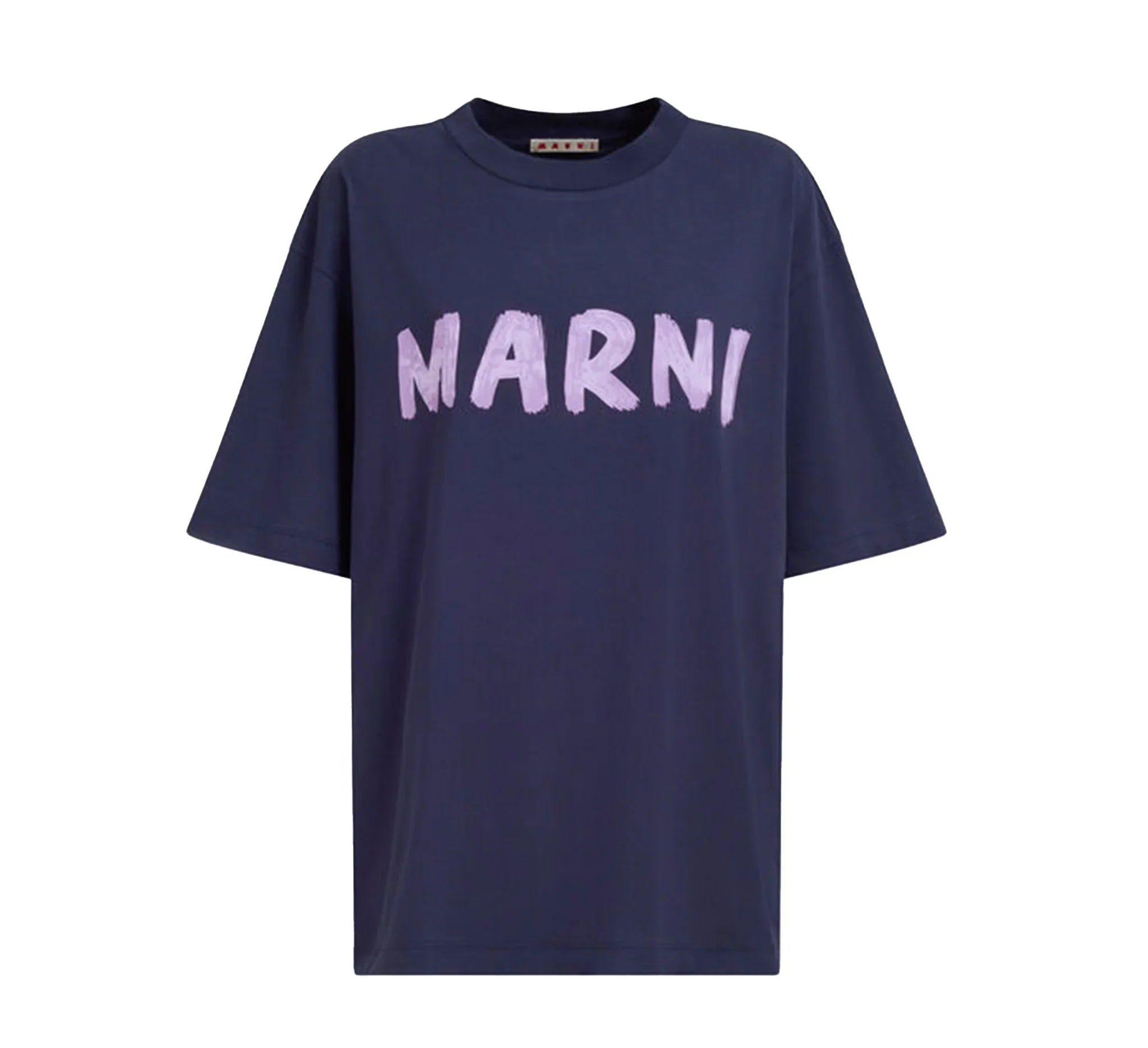 Navy blue unisex Marni logo T-shirt with purple brushstroke text design