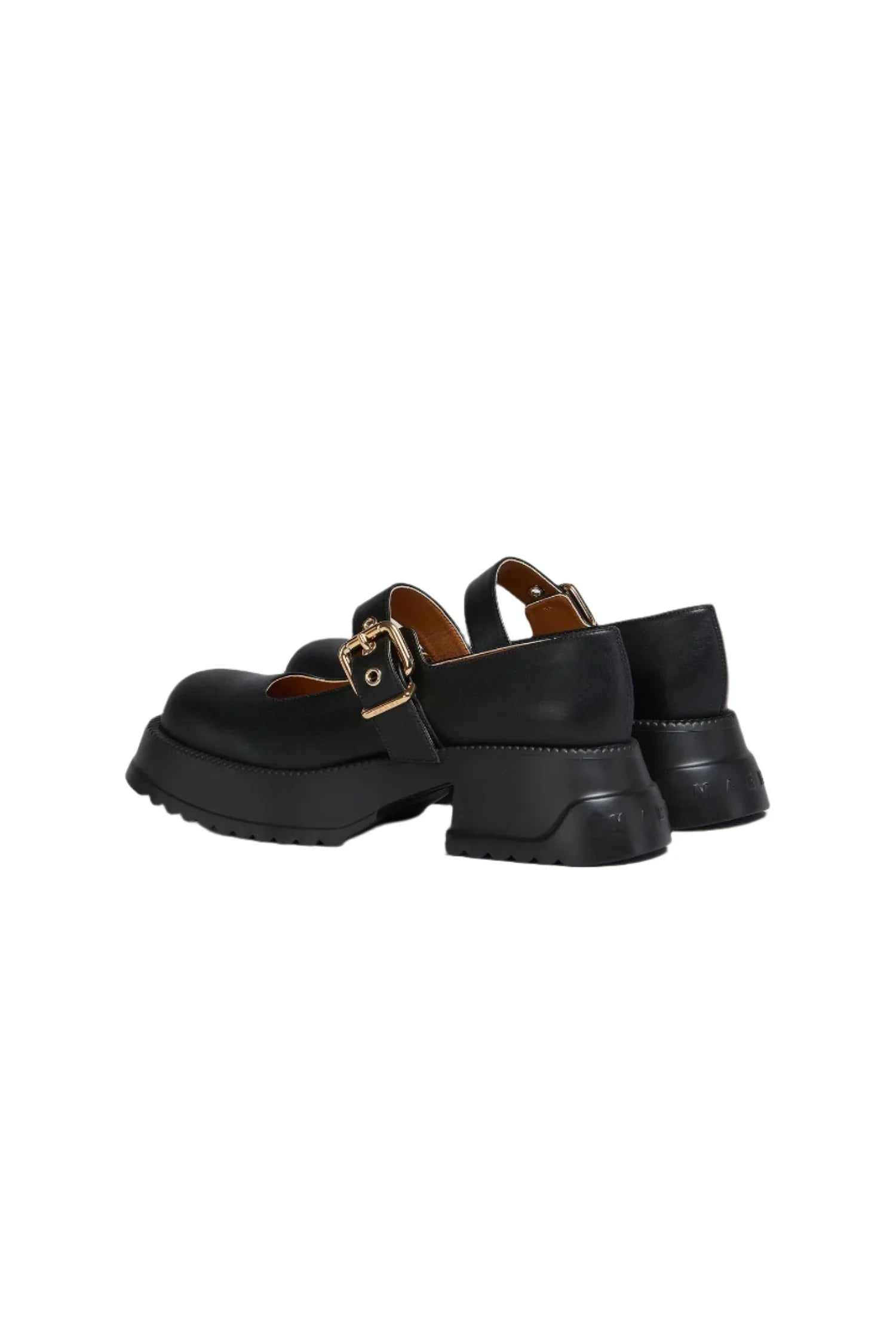 Black leather Mary Jane shoes with a chunky heel and gold buckle strap