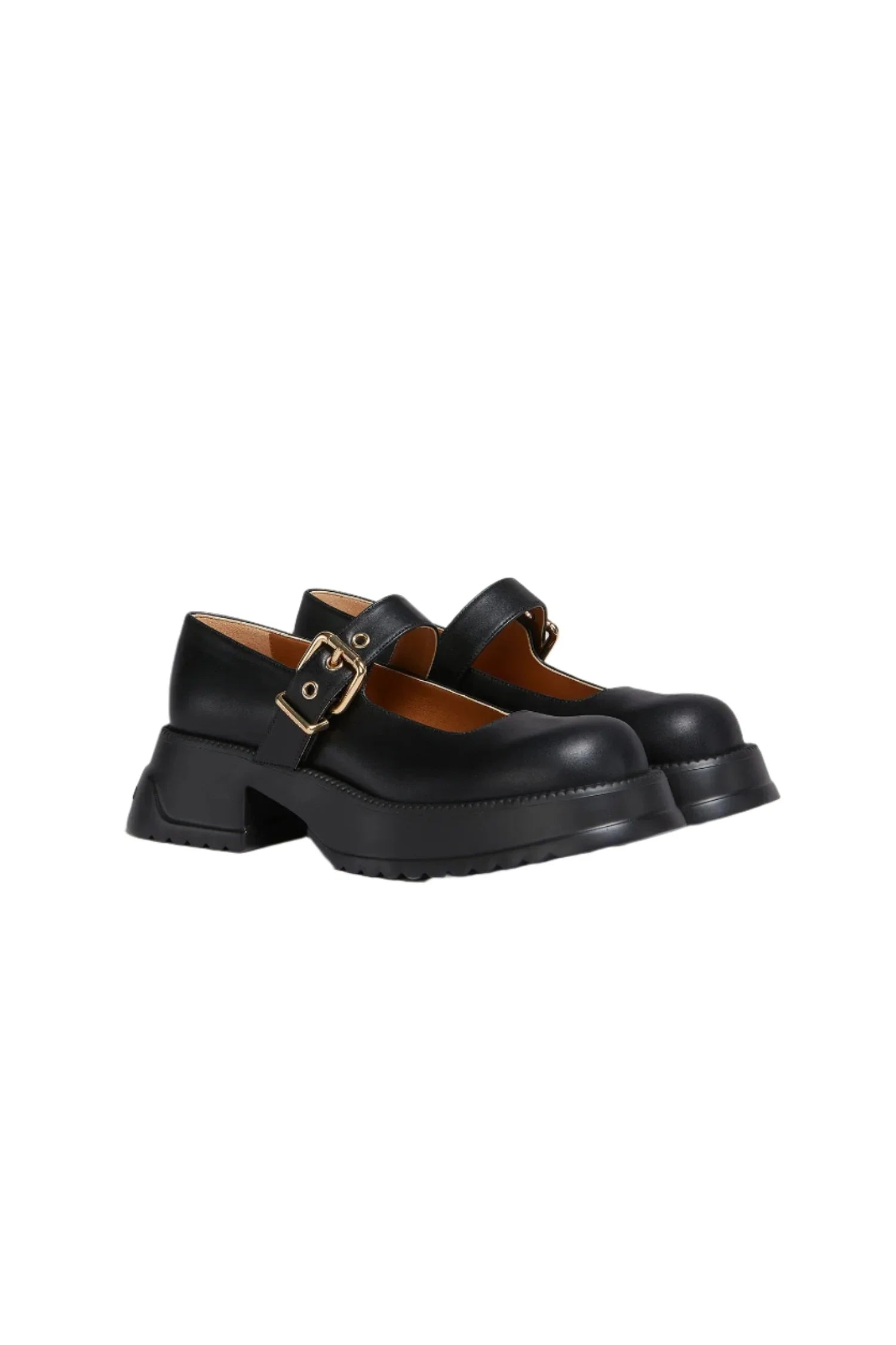 Black chunky Mary Jane shoes with gold buckle and thick sole on white background