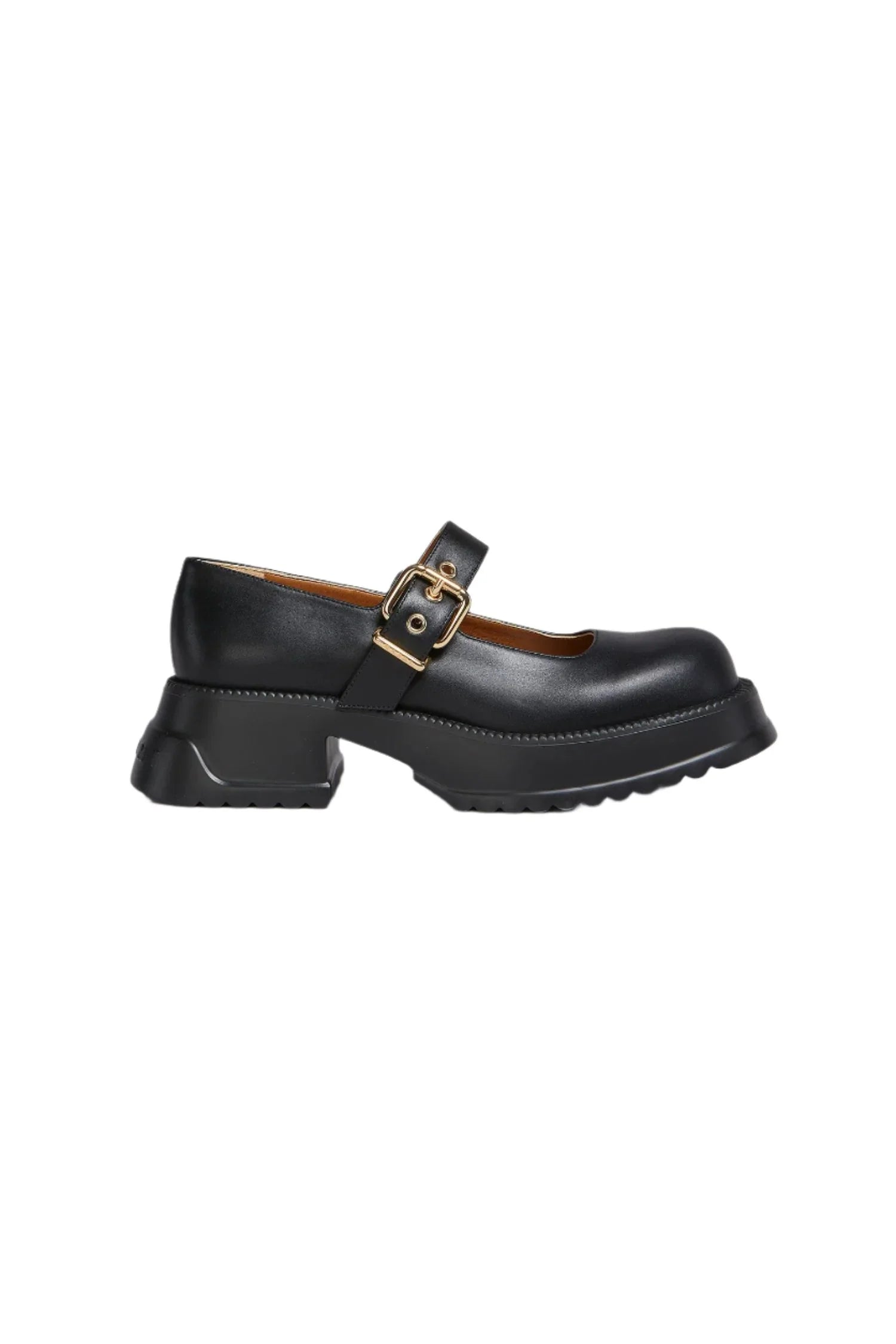 Black Mary Jane shoe with chunky sole and gold buckle strap on white background