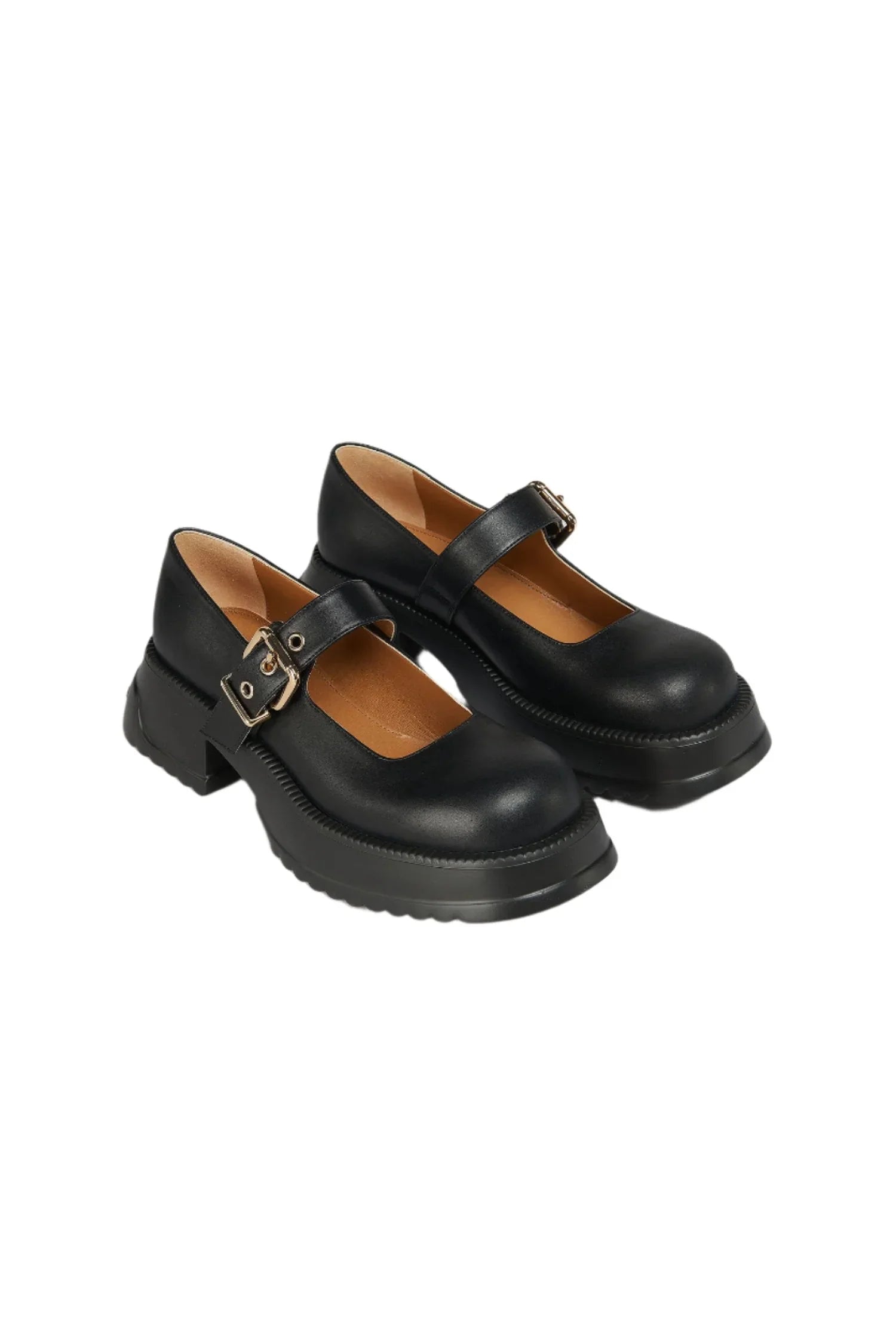 Black Mary Jane platform shoes with buckle strap and chunky sole on white background
