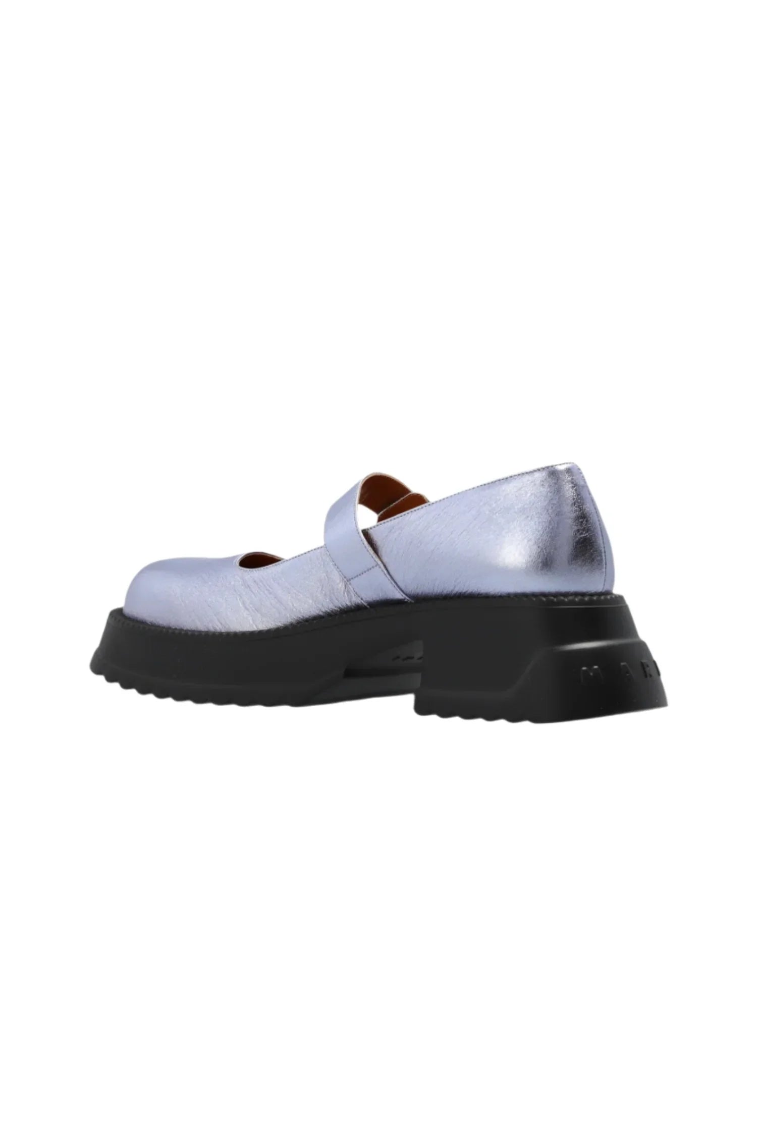 Metallic silver Mary Jane shoe with black thick sole and strap detail