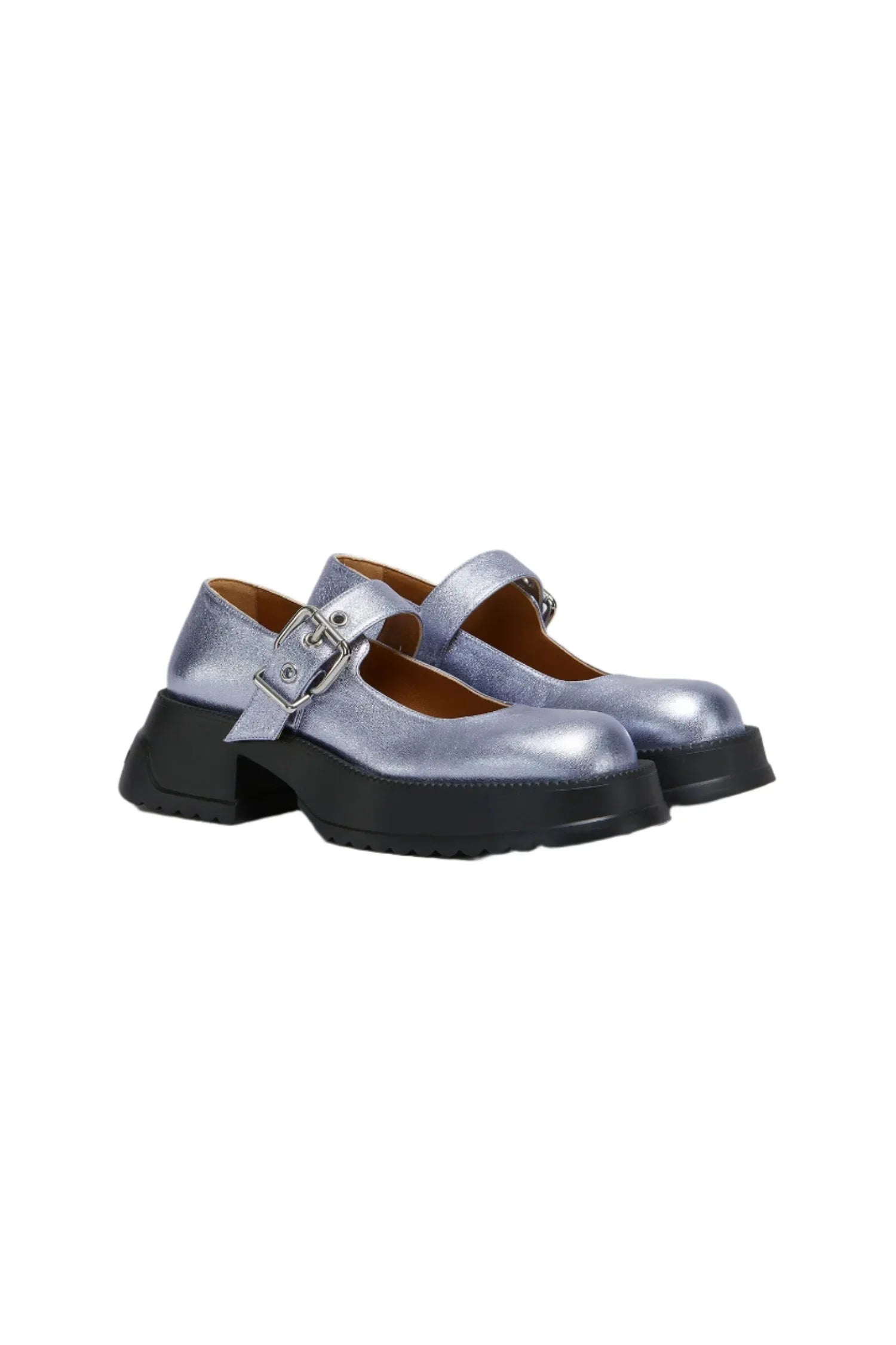 Metallic silver Mary Jane shoes with chunky black platform sole and large buckle strap