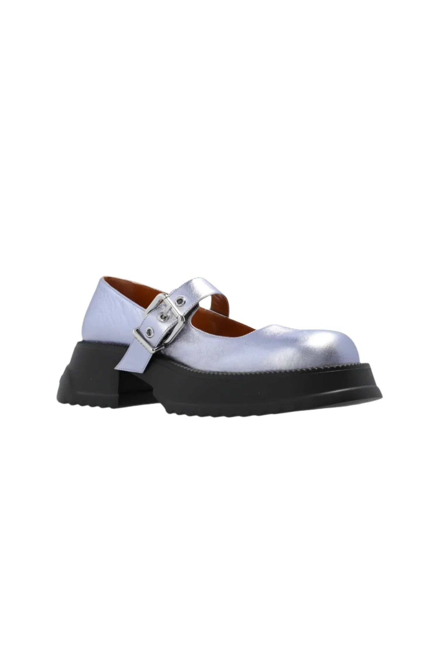 Metallic silver Mary Jane shoe with adjustable buckle strap and chunky black sole