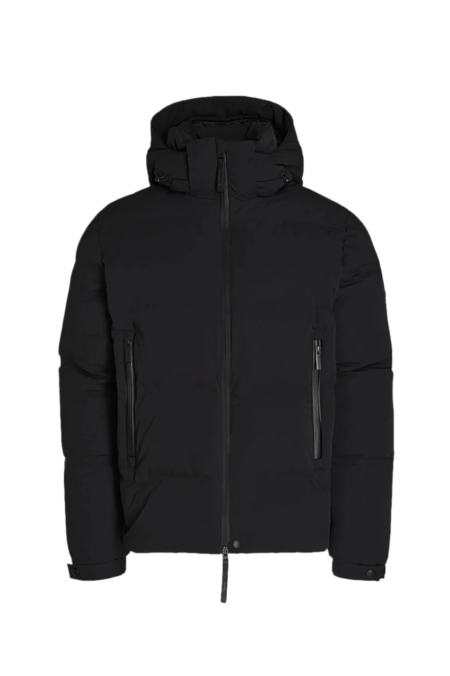 Black winter puffer jacket with hood, front zipper, and zippered side pockets