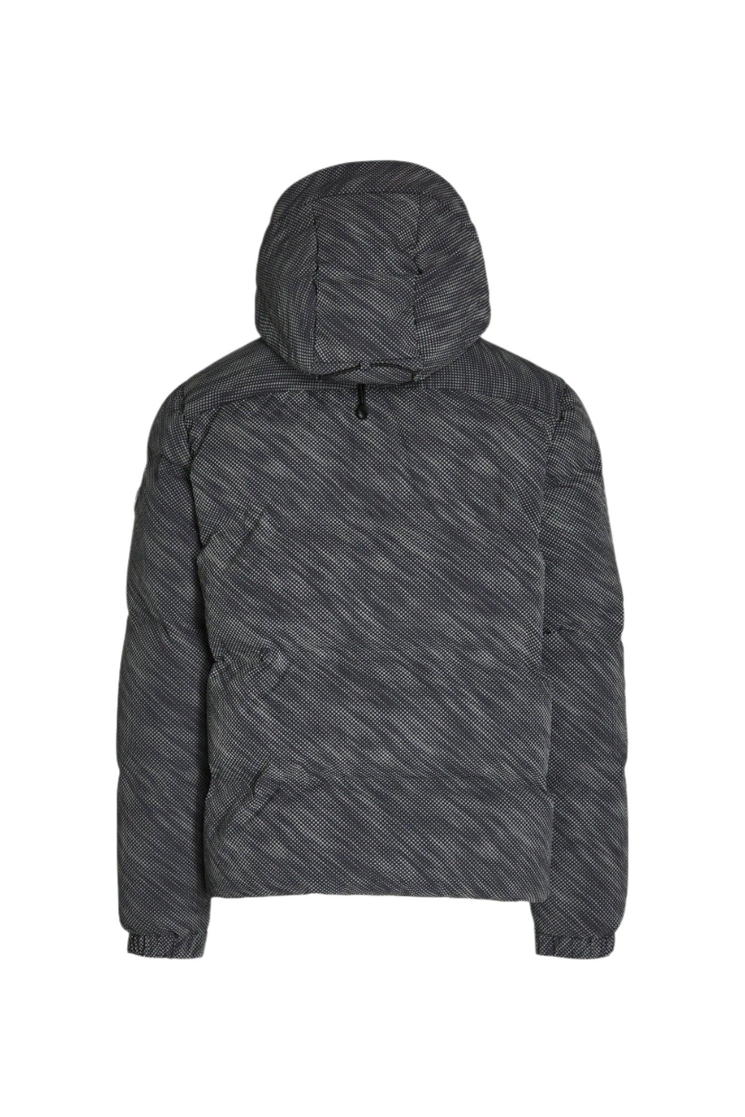Back view of gray textured hooded puffer jacket with elastic cuffs