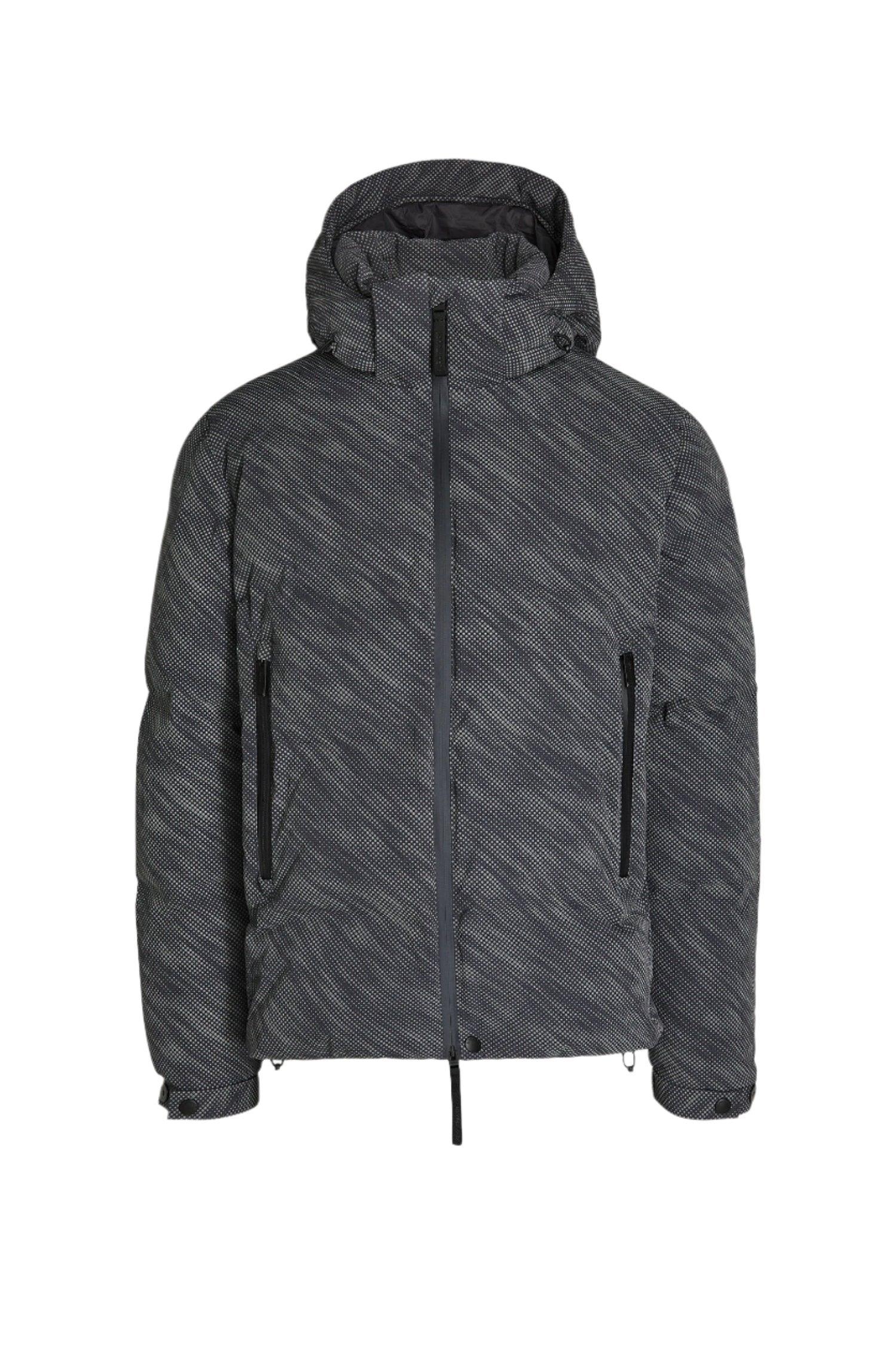 Men's dark gray patterned winter jacket with hood and front zipper