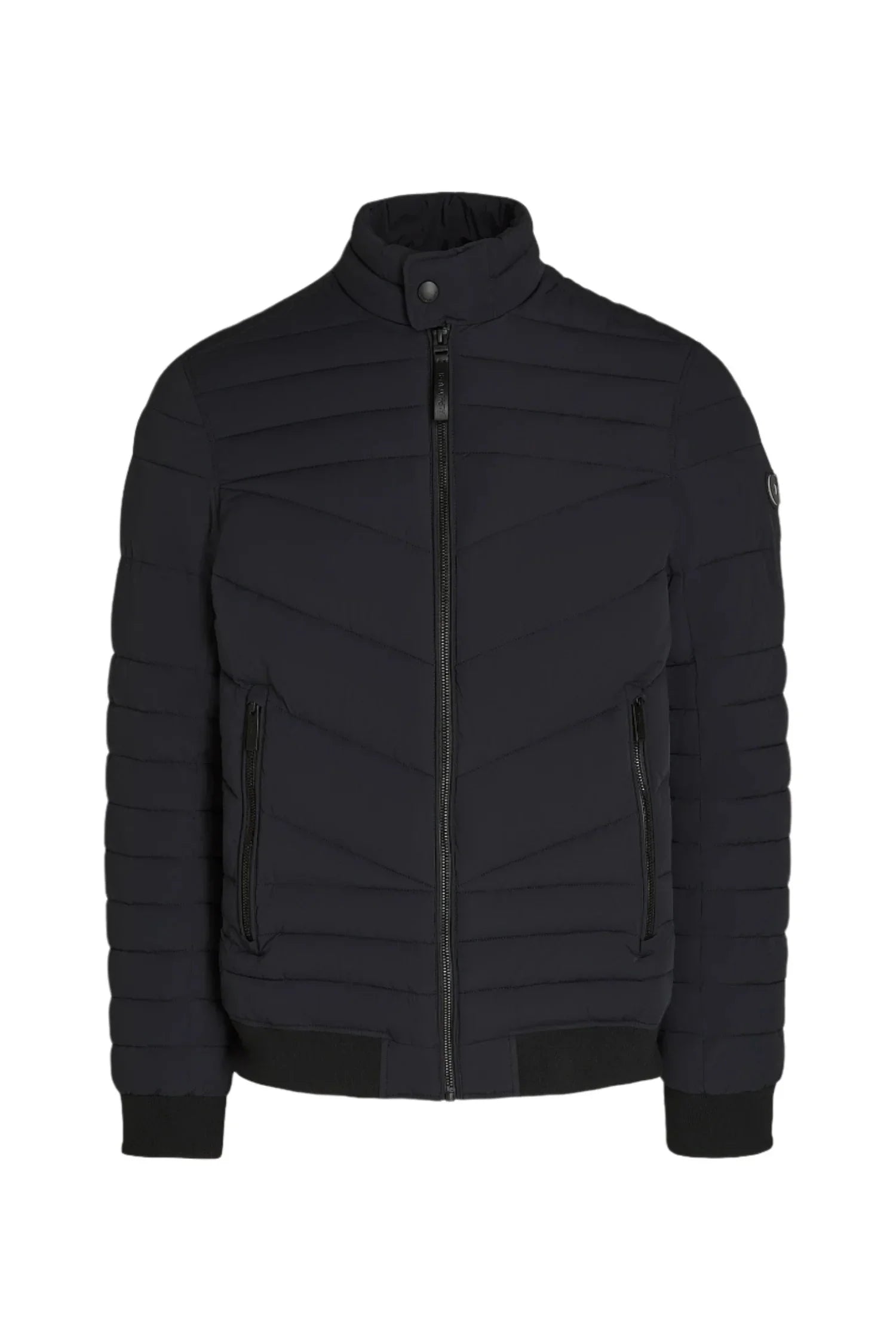 Black quilted puffer jacket with high collar, zipper front, and zippered pockets