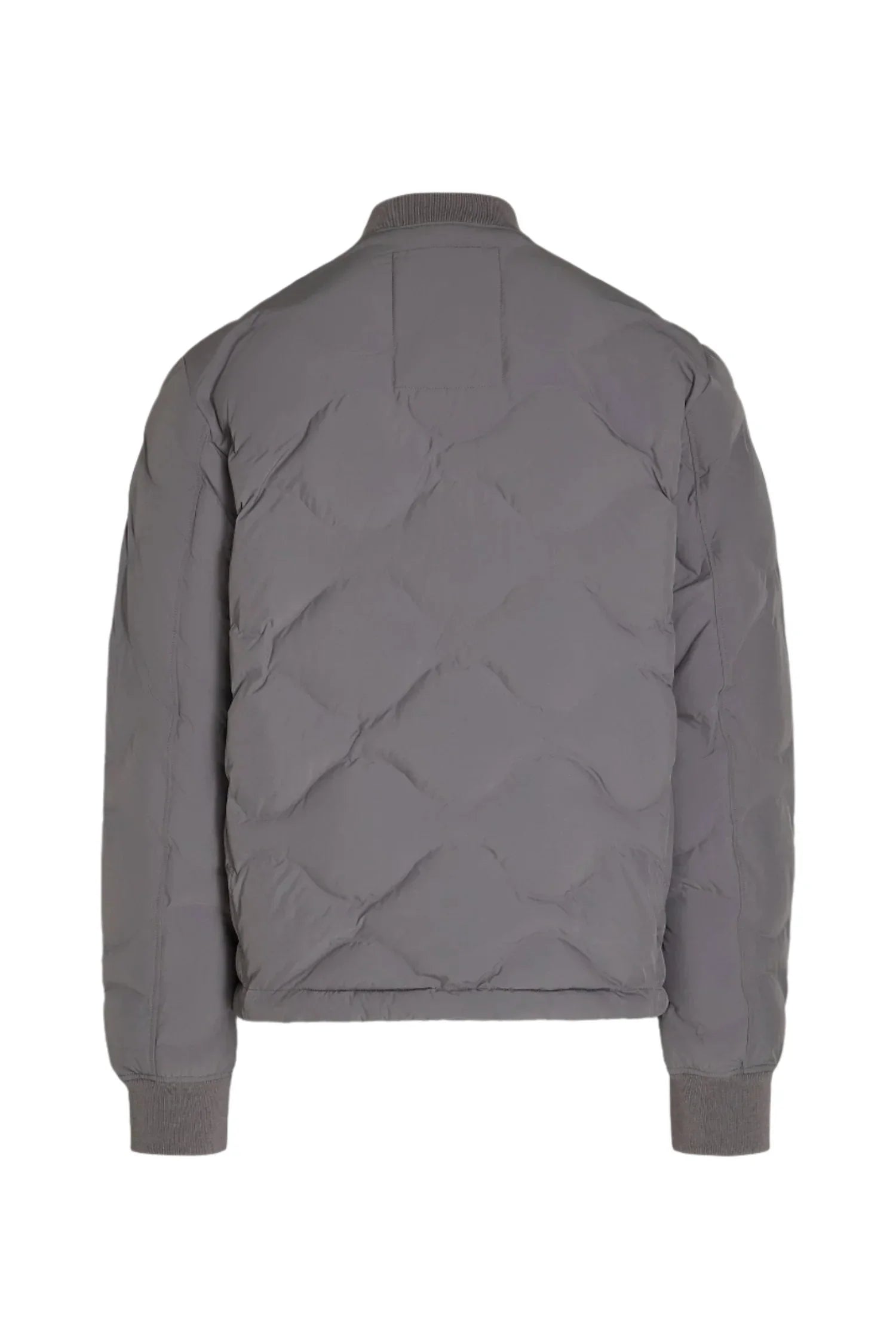 Back view of a grey quilted bomber jacket with ribbed cuffs and collar on white background