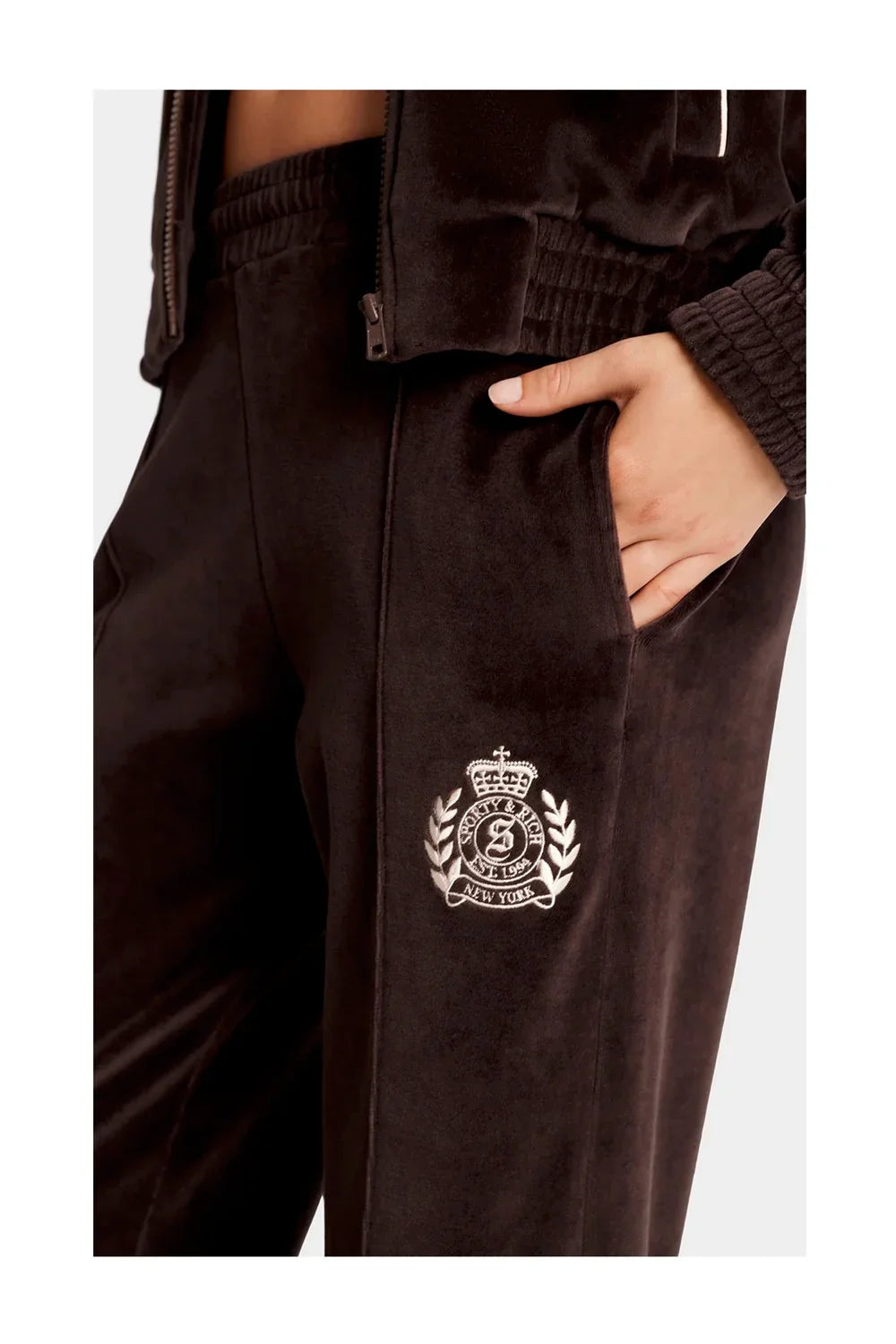 SPORTY & RICH NY Crest Velour Track Pants | Chocolate-3