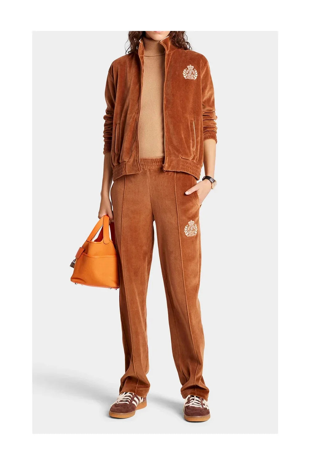 SPORTY & RICH NY Crest Velour Track Pants | Tobacco-3