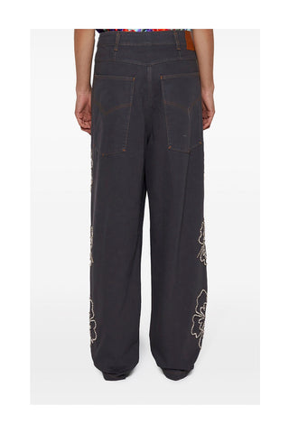 Embroidered Hibiscus Denim Pants