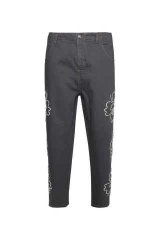 Embroidered Hibiscus Denim Pants