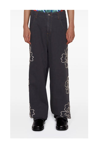 Embroidered Hibiscus Denim Pants