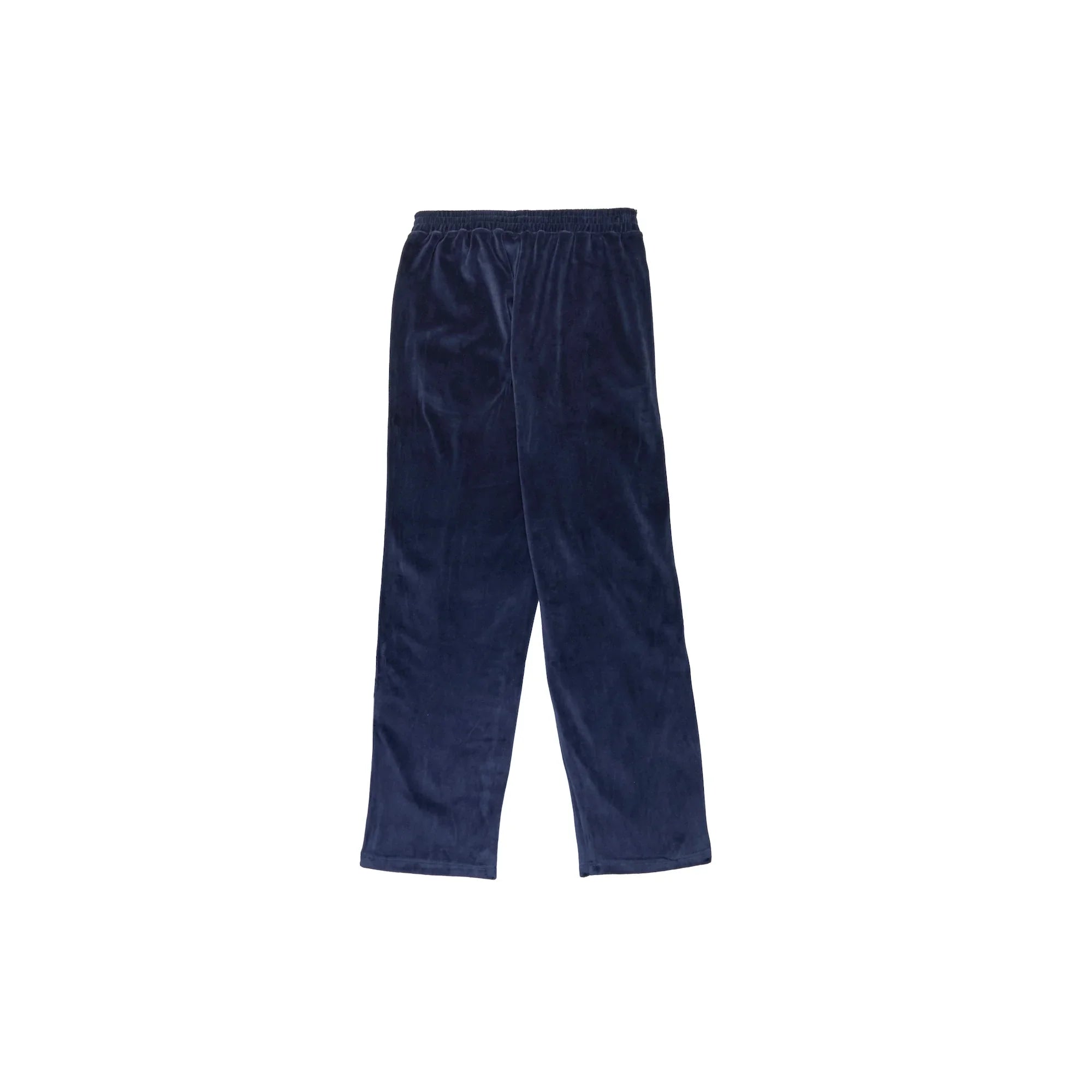 Back view of navy blue velour lounge pants with elastic waistband on white background