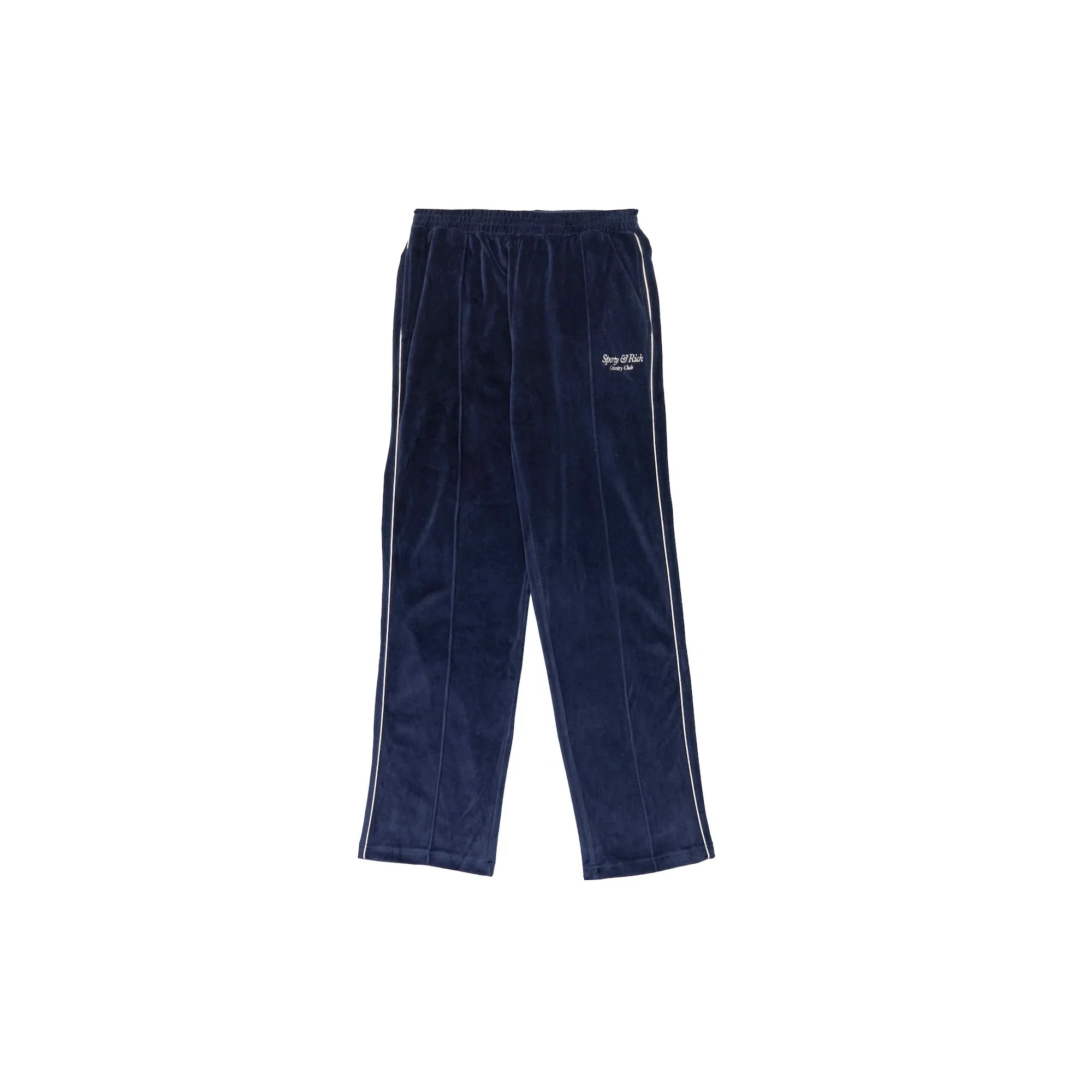 Navy blue velour track pants with white piping and Sporty & Rich logo on left thigh
