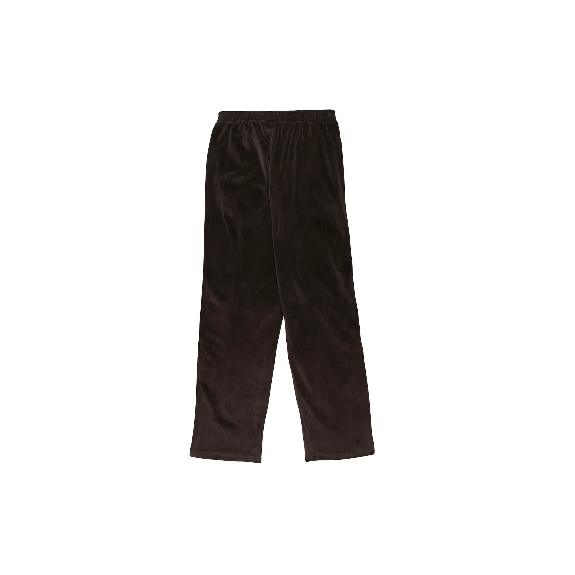 Back view of black velour lounge pants with elastic waistband on white background