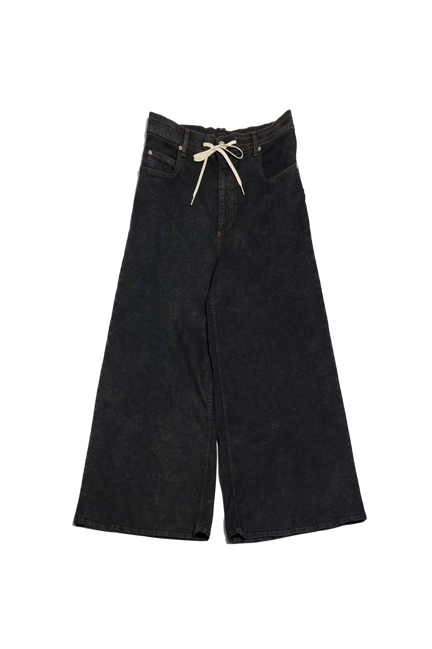 Wide-leg black denim jeans with white drawstring and front pockets on white background