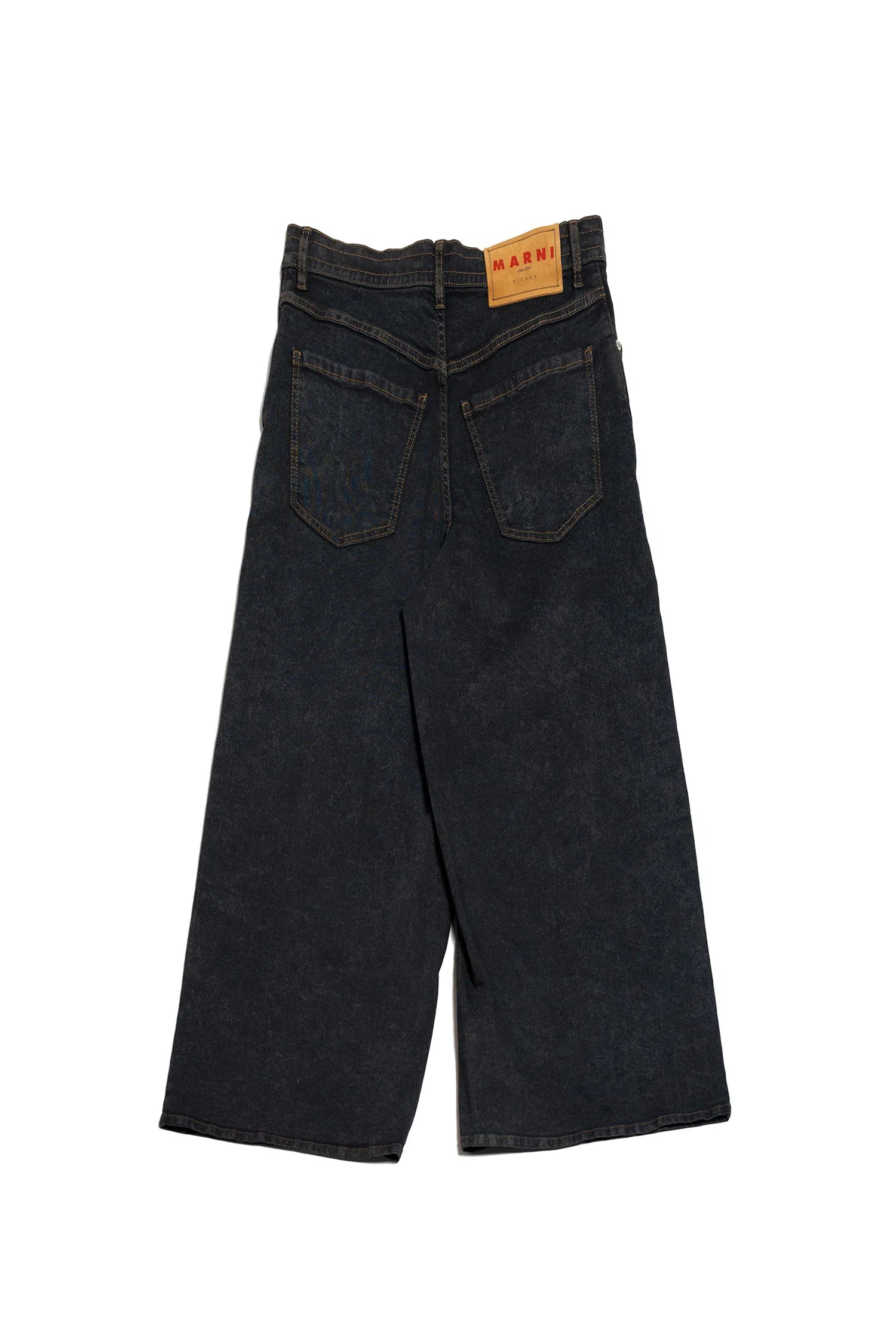 Back view of black wide-leg denim jeans with two pockets and Marni leather logo patch