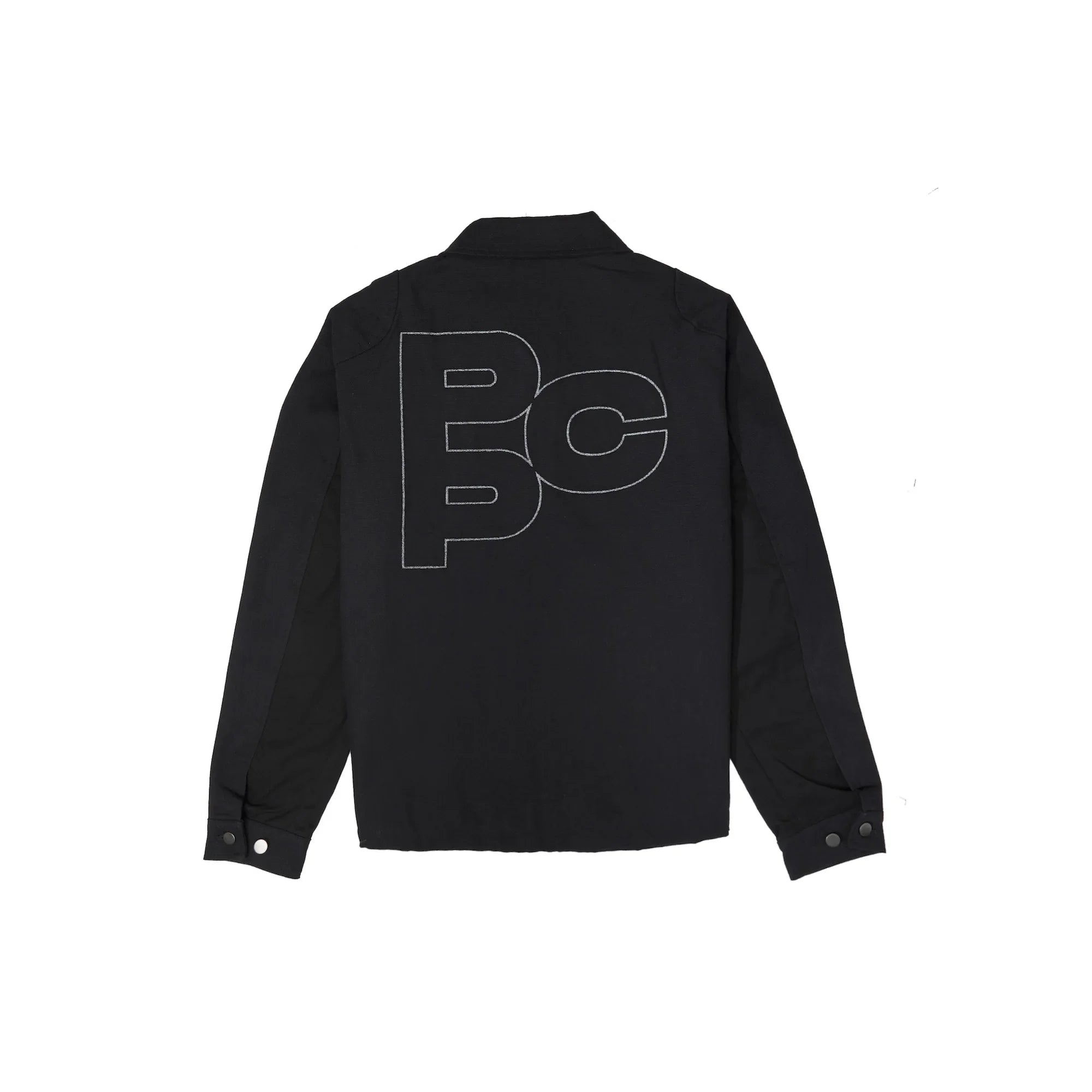 Black long-sleeve biker jacket with large outlined PC lettering on back and buttoned cuffs
