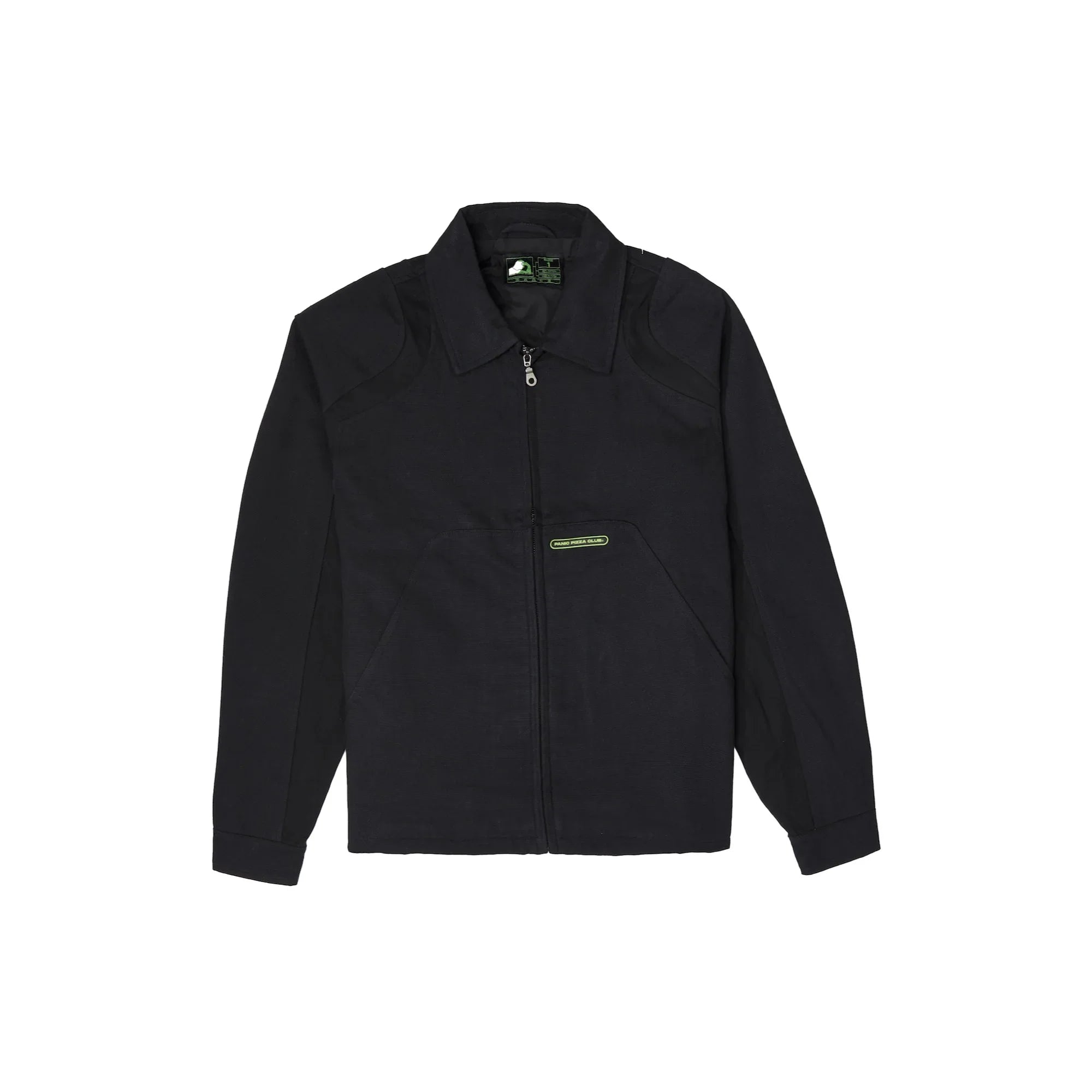 black zip-up biker jacket with collar and PANIC PIZZA CLUB logo patch on front pocket