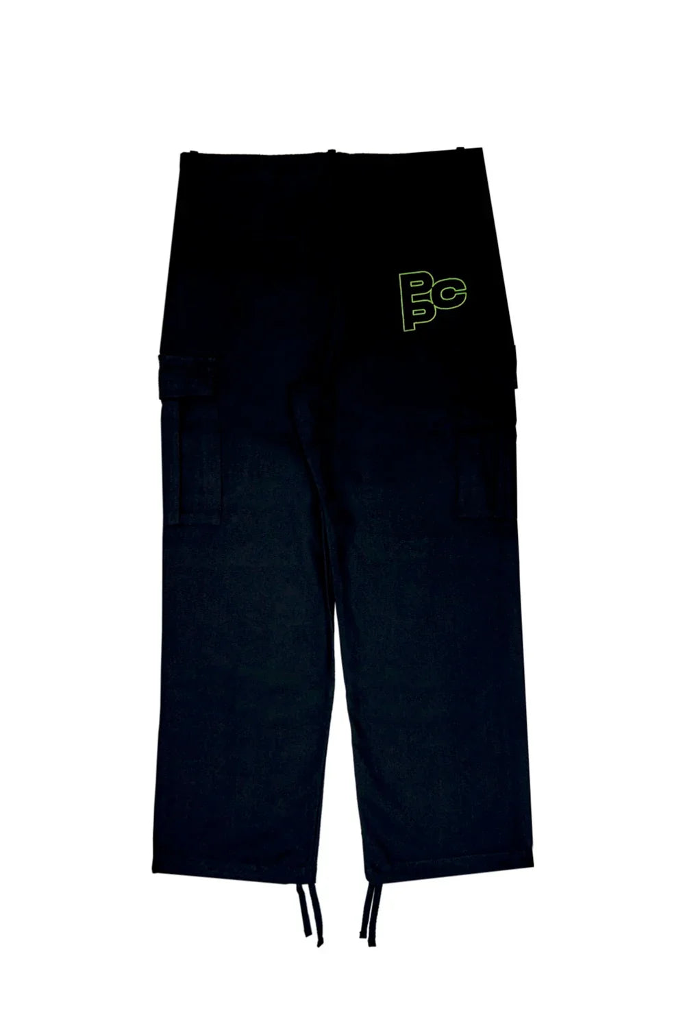 Black cargo pants with neon green PCP logo and adjustable ankle ties