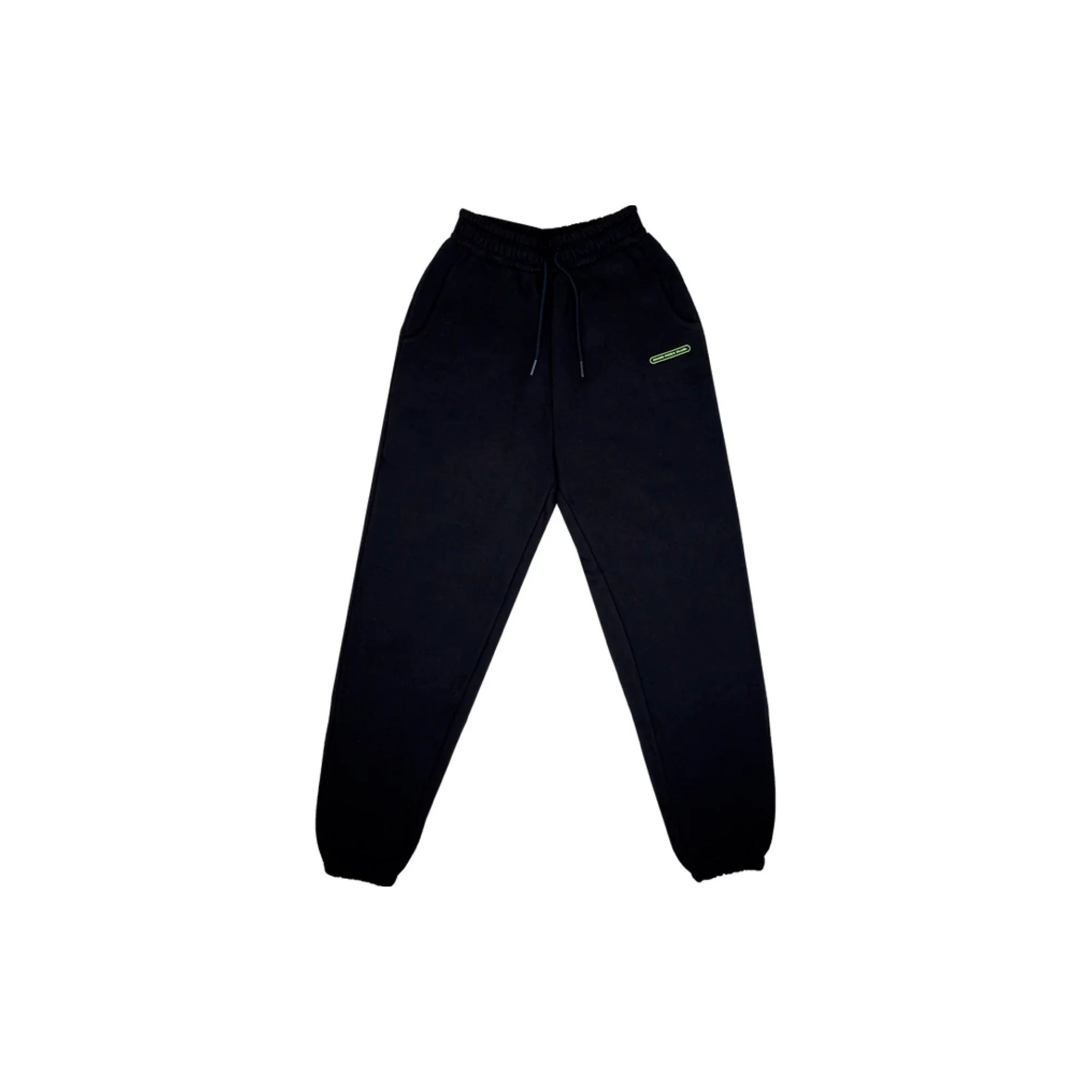 black sweatpants with elastic cuffs and waistband, side pockets, and a small green label on thigh