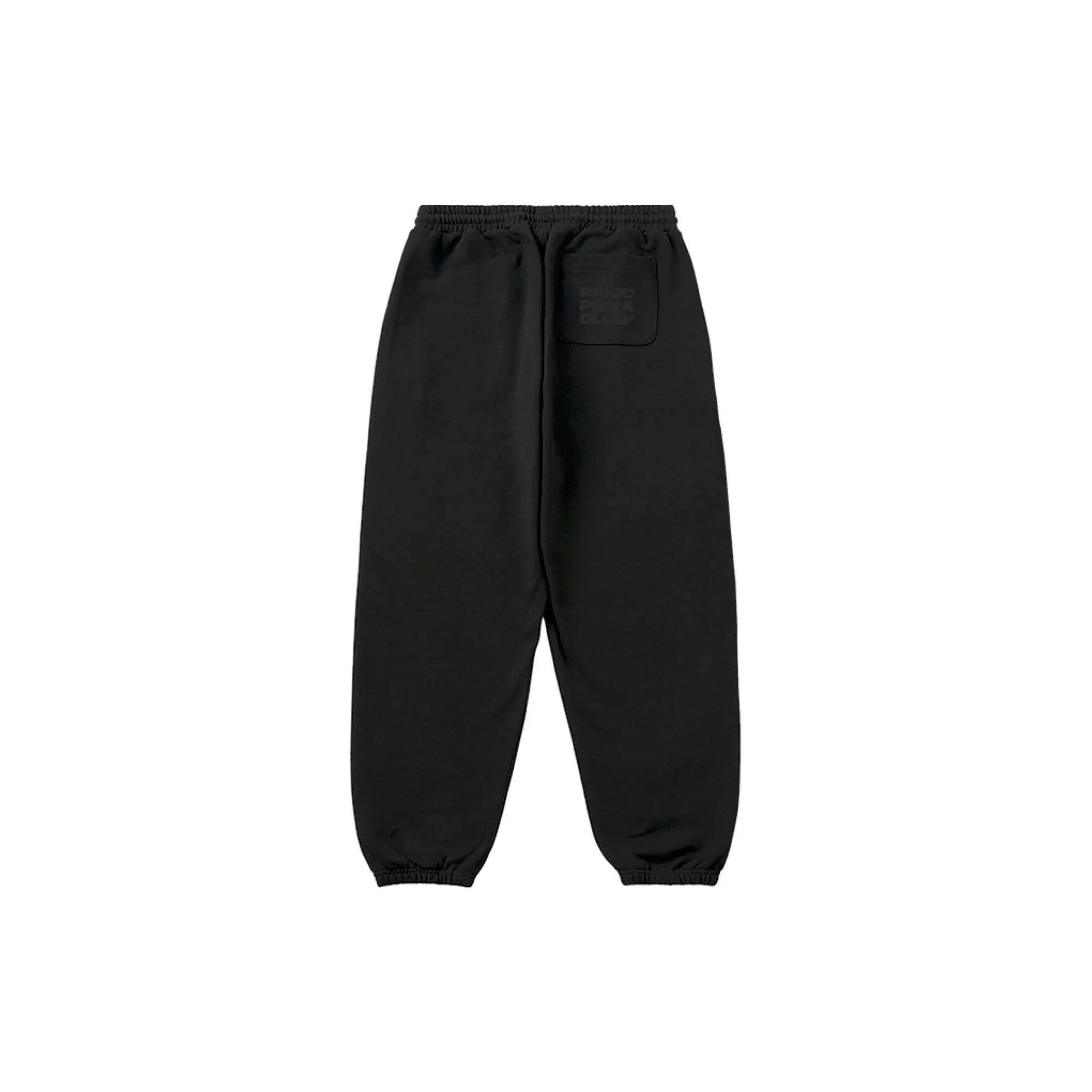 Black Panic Pizza Club sweatpants with elastic cuffs and back pocket featuring embossed logo