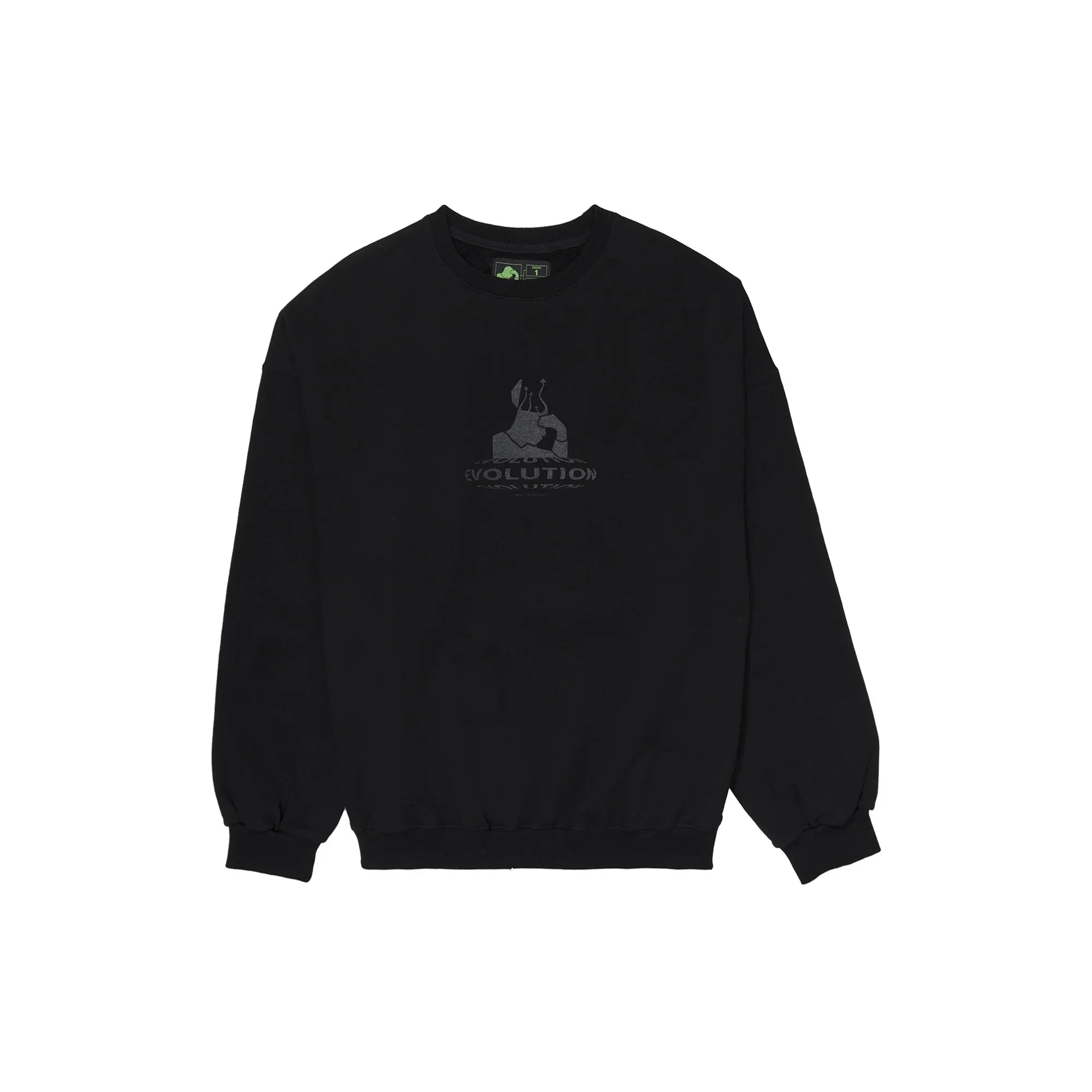 Black sweatshirt with a subtle gray 'Evolution' graphic and artistic design on the chest